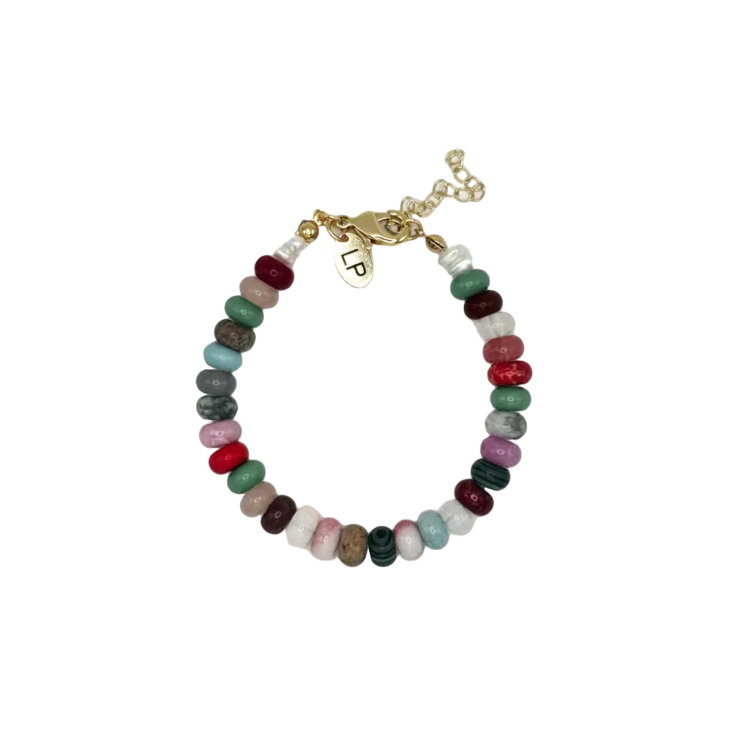 Multicolored beaded bracelet with gold clasp on a white background