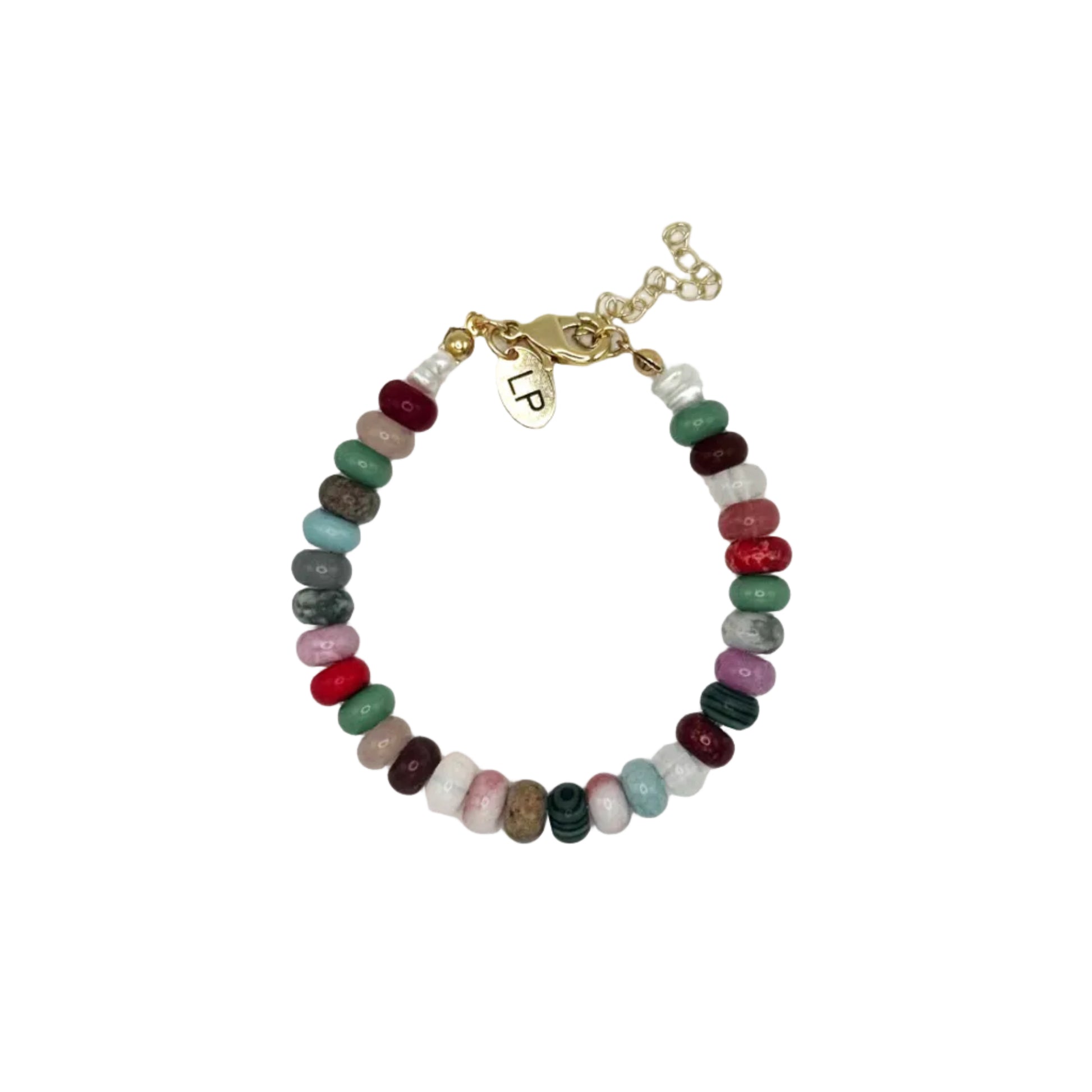 Multicolored beaded bracelet with gold clasp on a white background