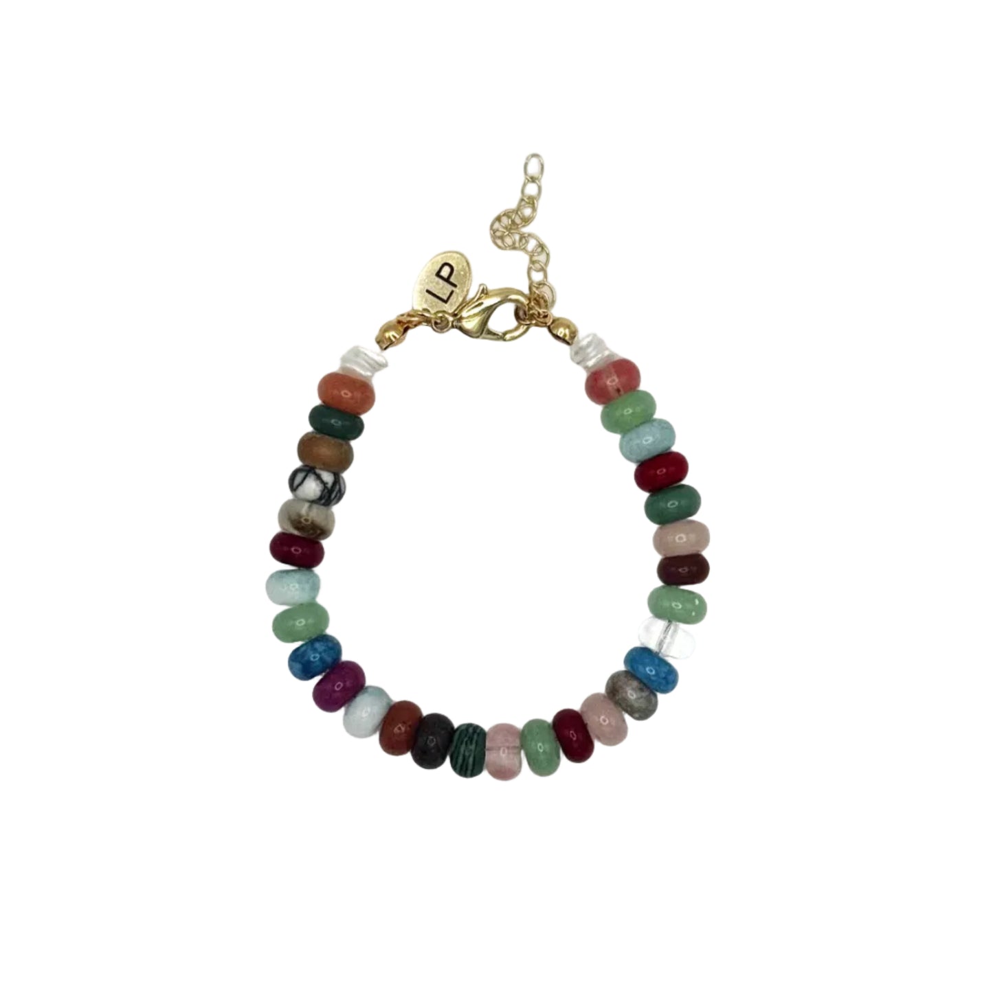 Multicolored beaded bracelet with a gold chain on a white background