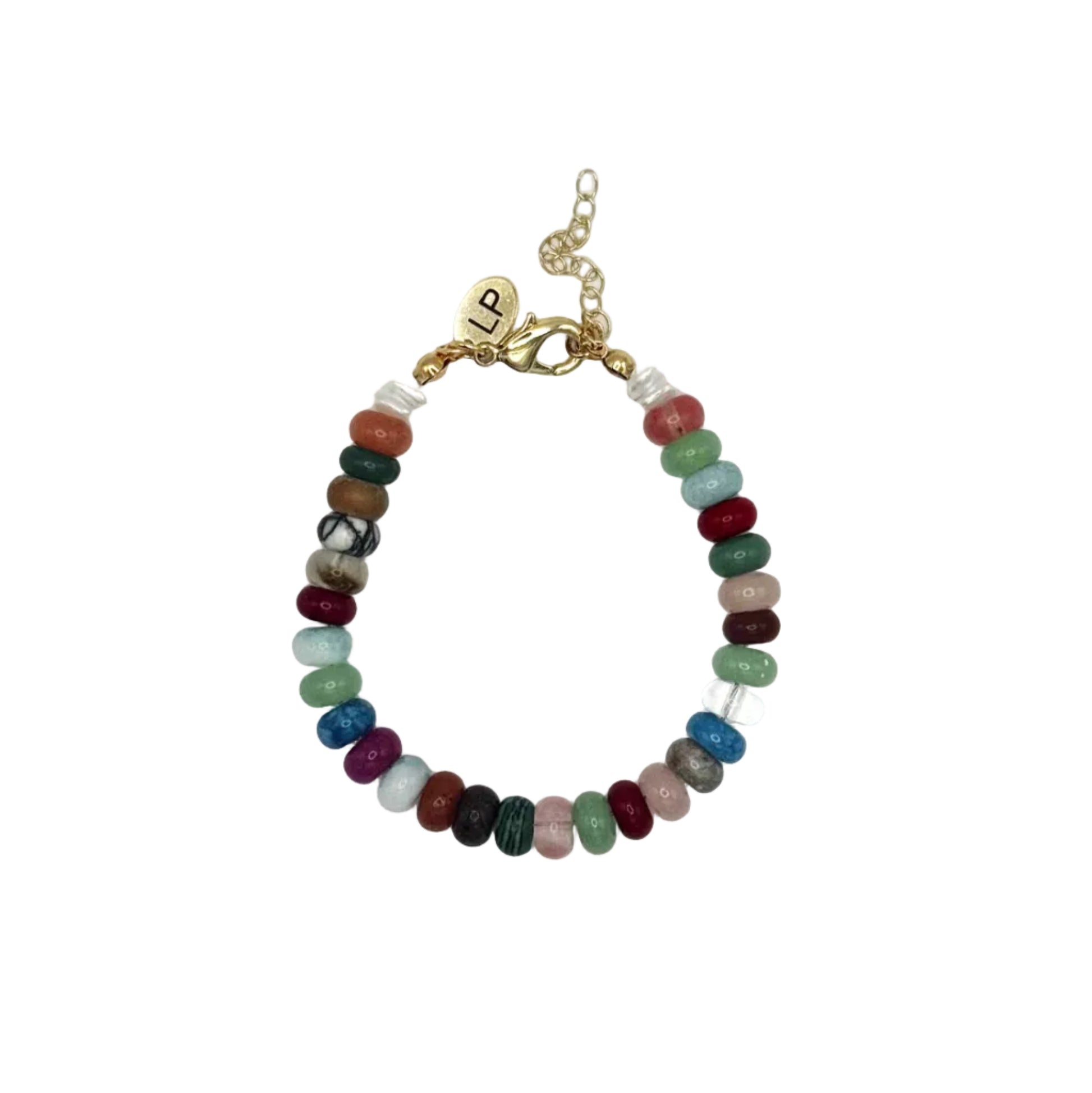 Multicolored beaded bracelet with a gold chain on a white background