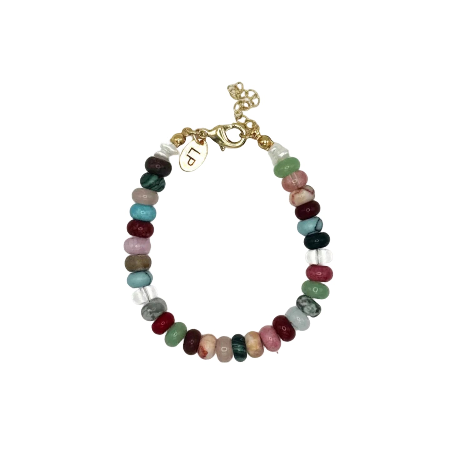 Multicolored beaded bracelet with a gold clasp on a white background