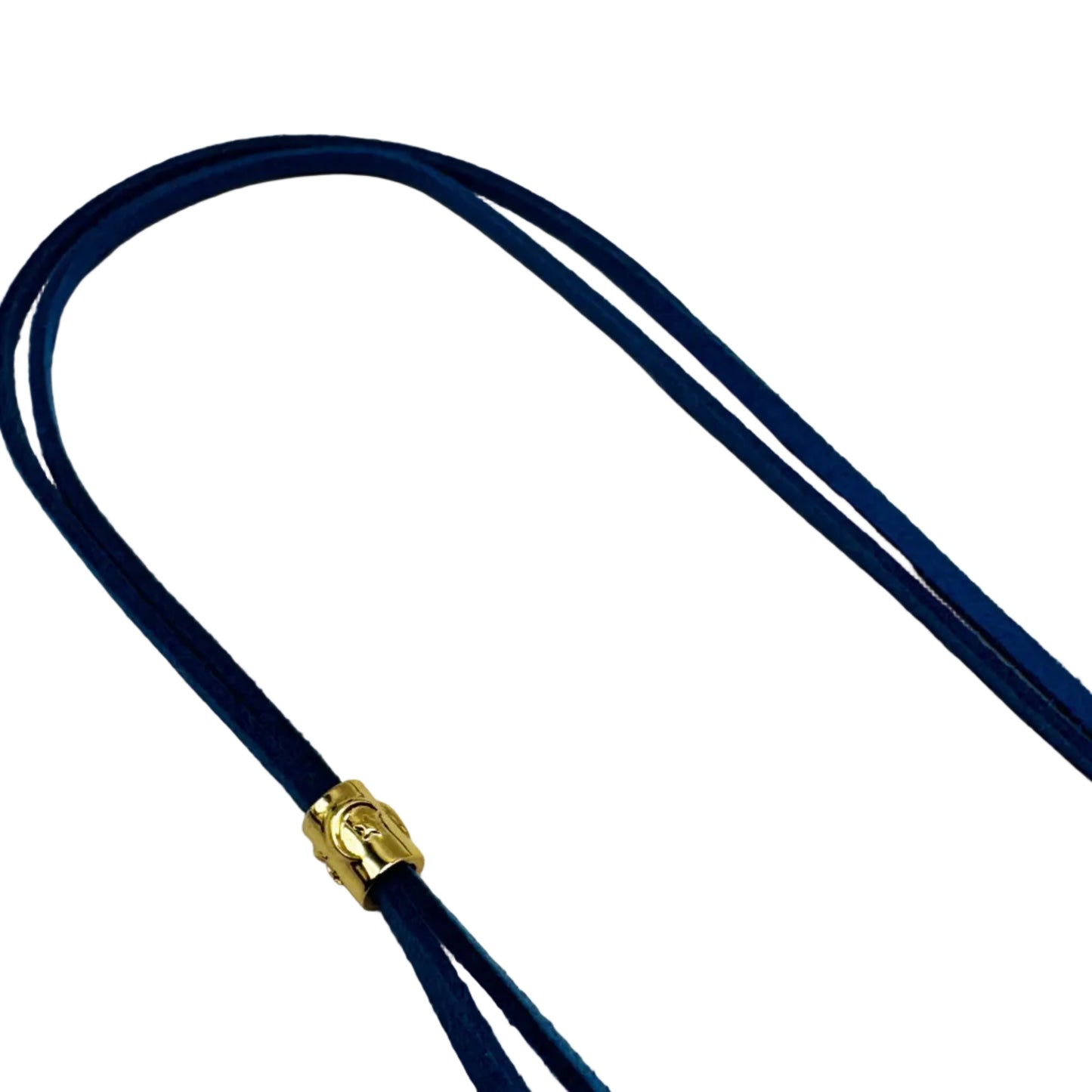 Navy blue lanyard with a gold metal clasp on a light gray background