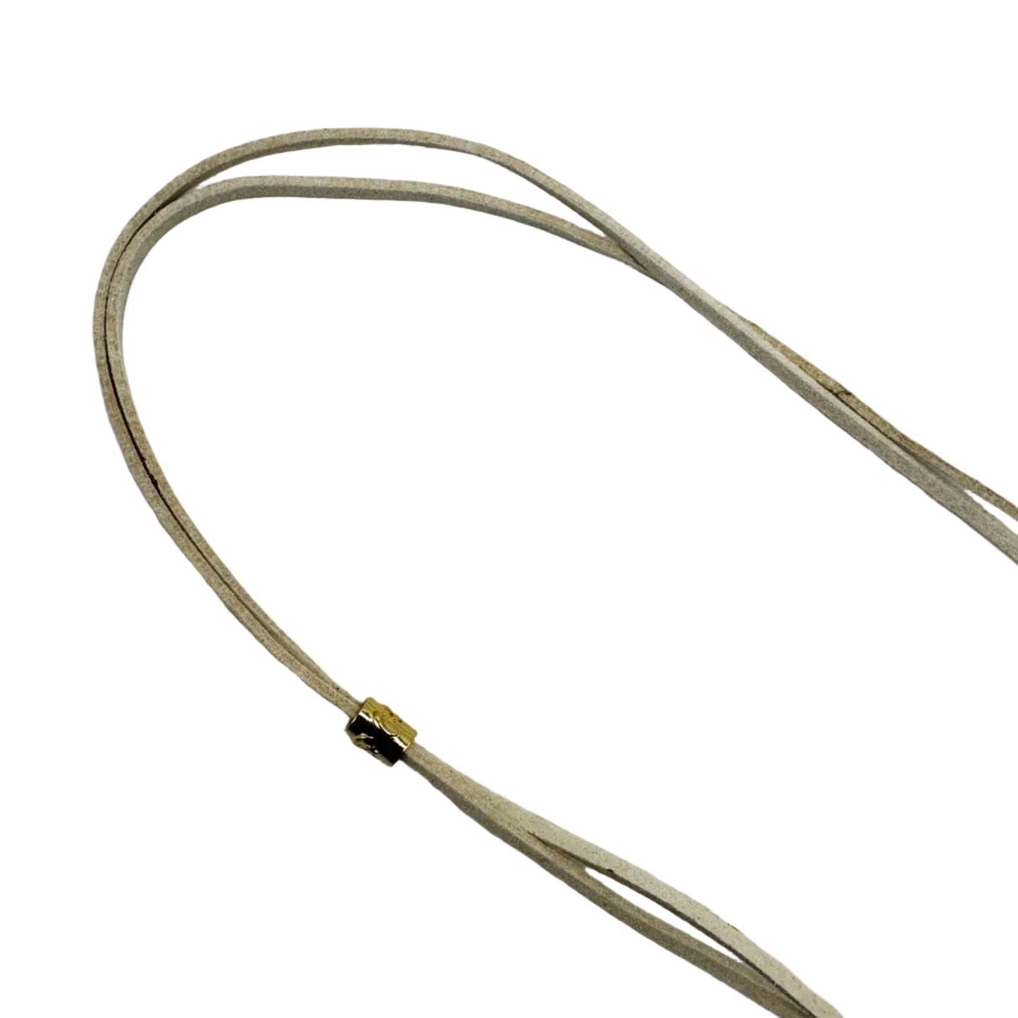 Beige leather lanyard with a metal clip on a white background