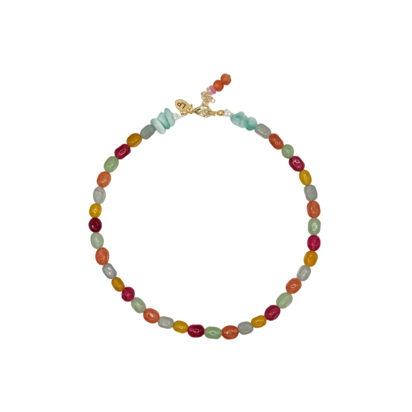 Multicolored beaded necklace on a white background