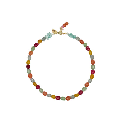 Multicolored beaded necklace on a white background