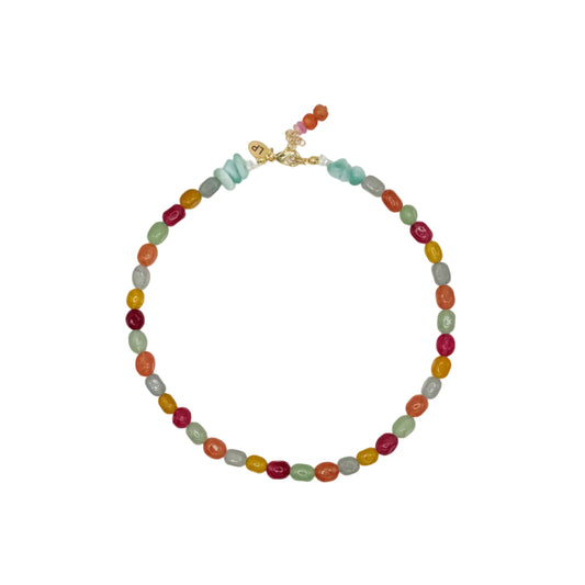 Multicolored beaded necklace on a white background