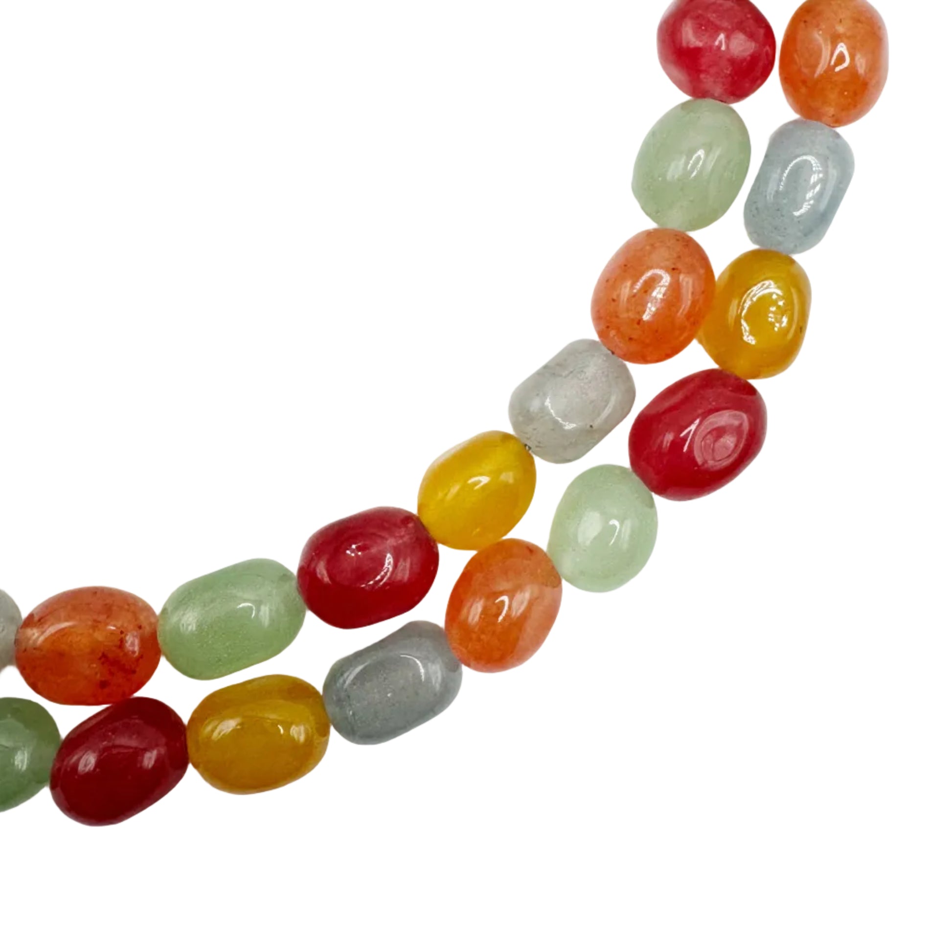 Colorful jelly bean necklace on a white background