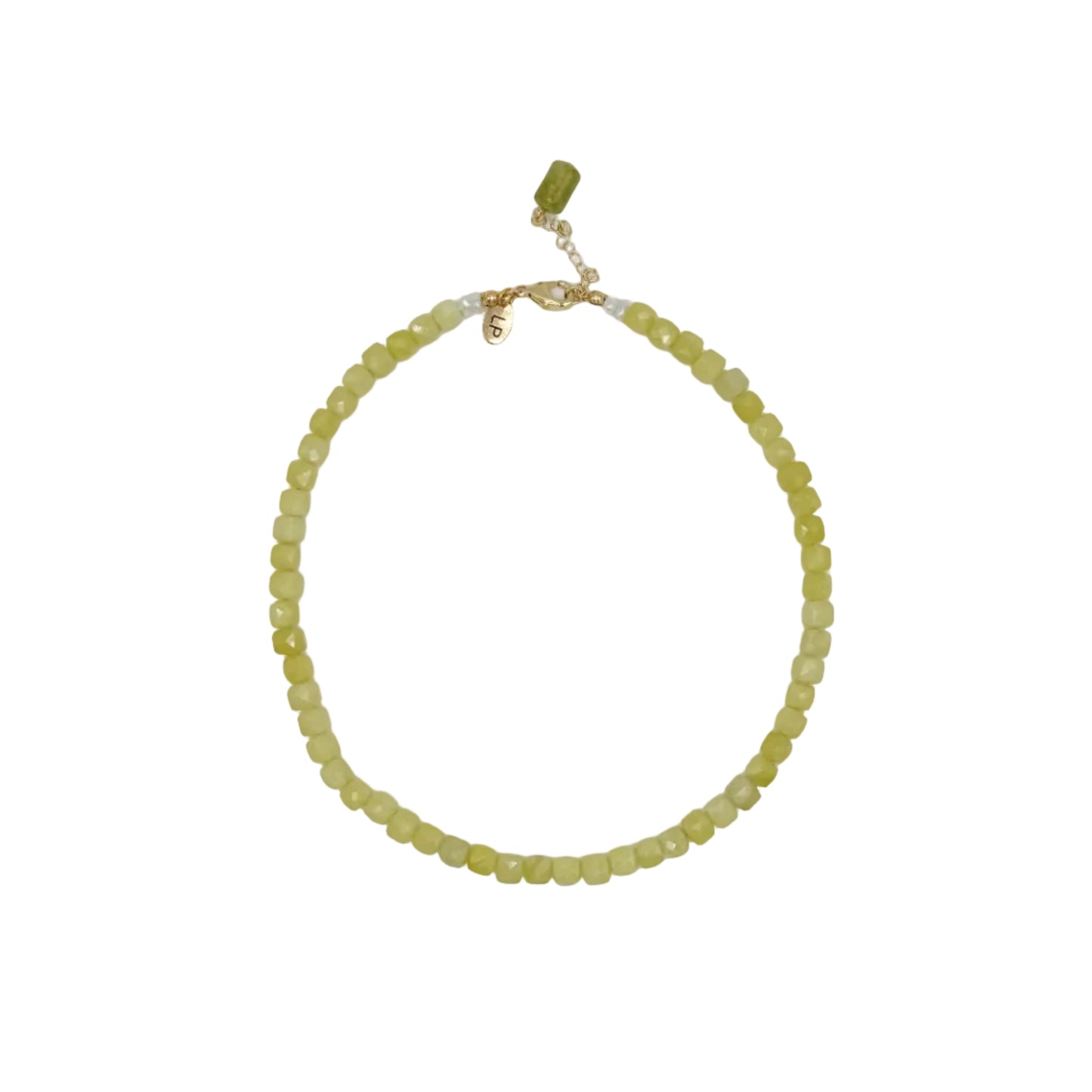 Necklace with green beads on a white background
