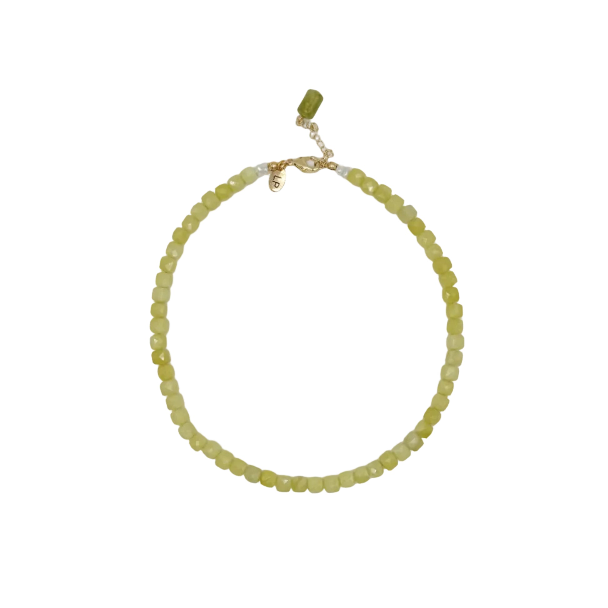 Necklace with green beads on a white background