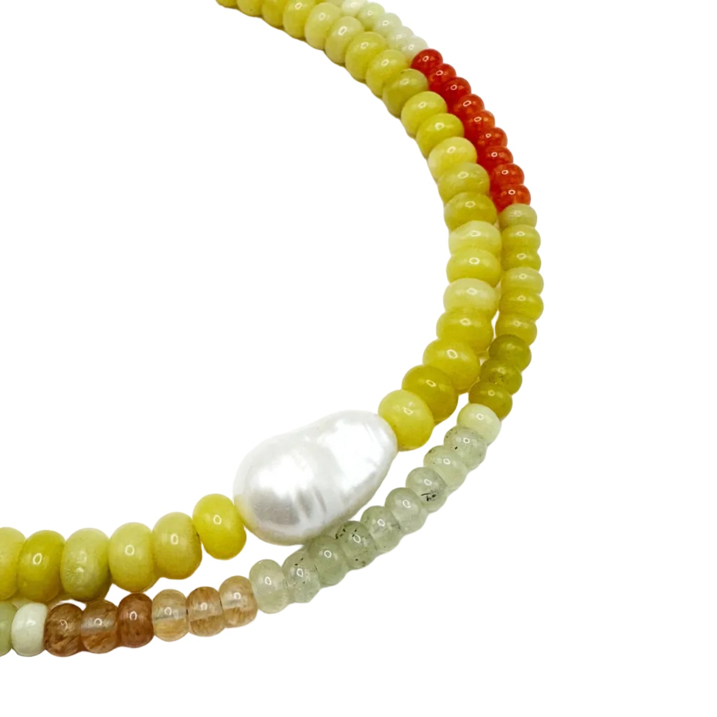 Multistrand beaded necklace with a pearl accent on a white background