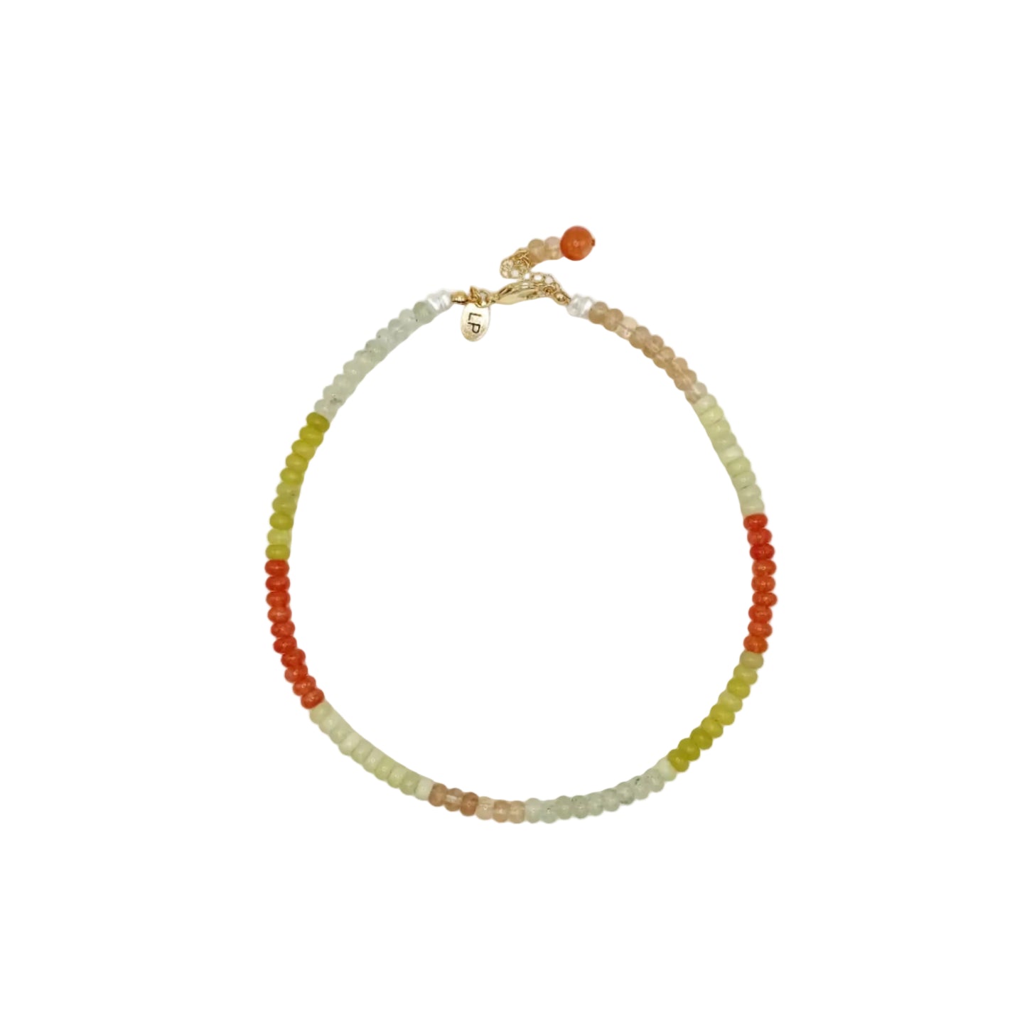 Necklace with multicolored beads on a white background