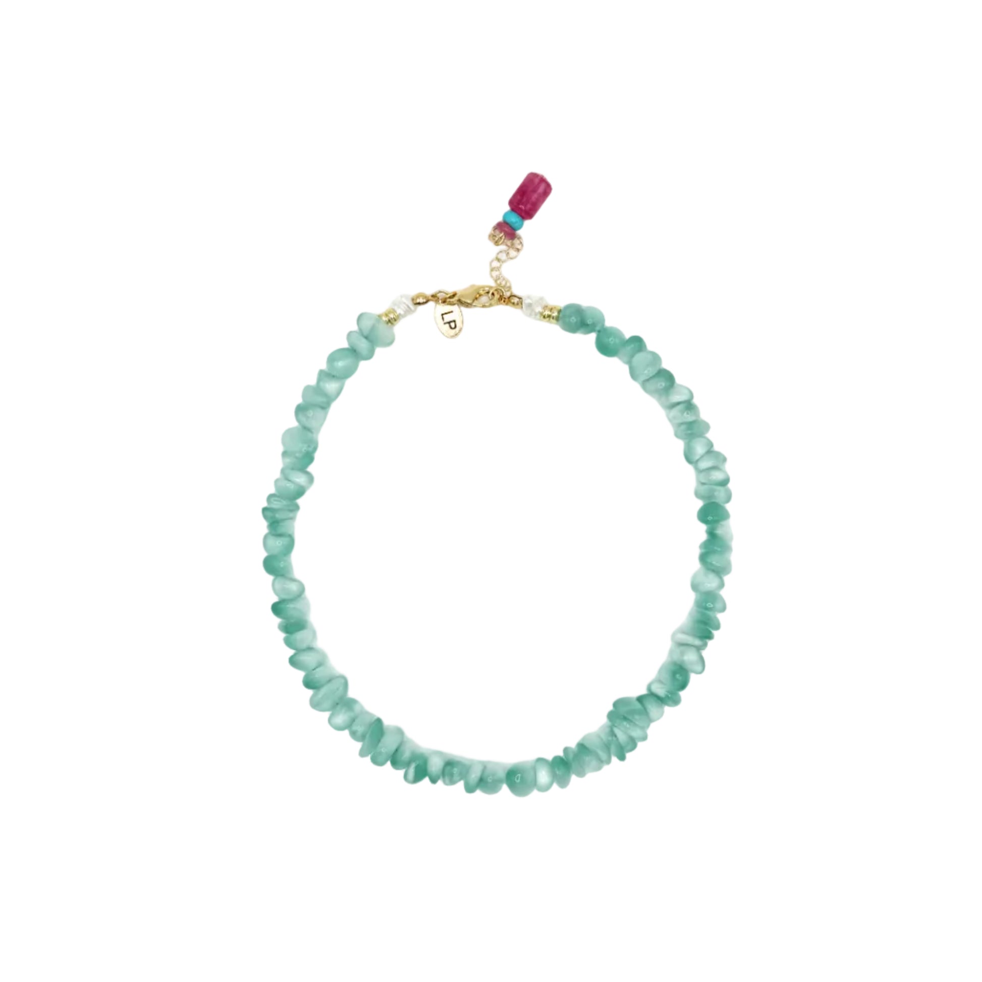 Green beaded necklace with a gold clasp on a white background