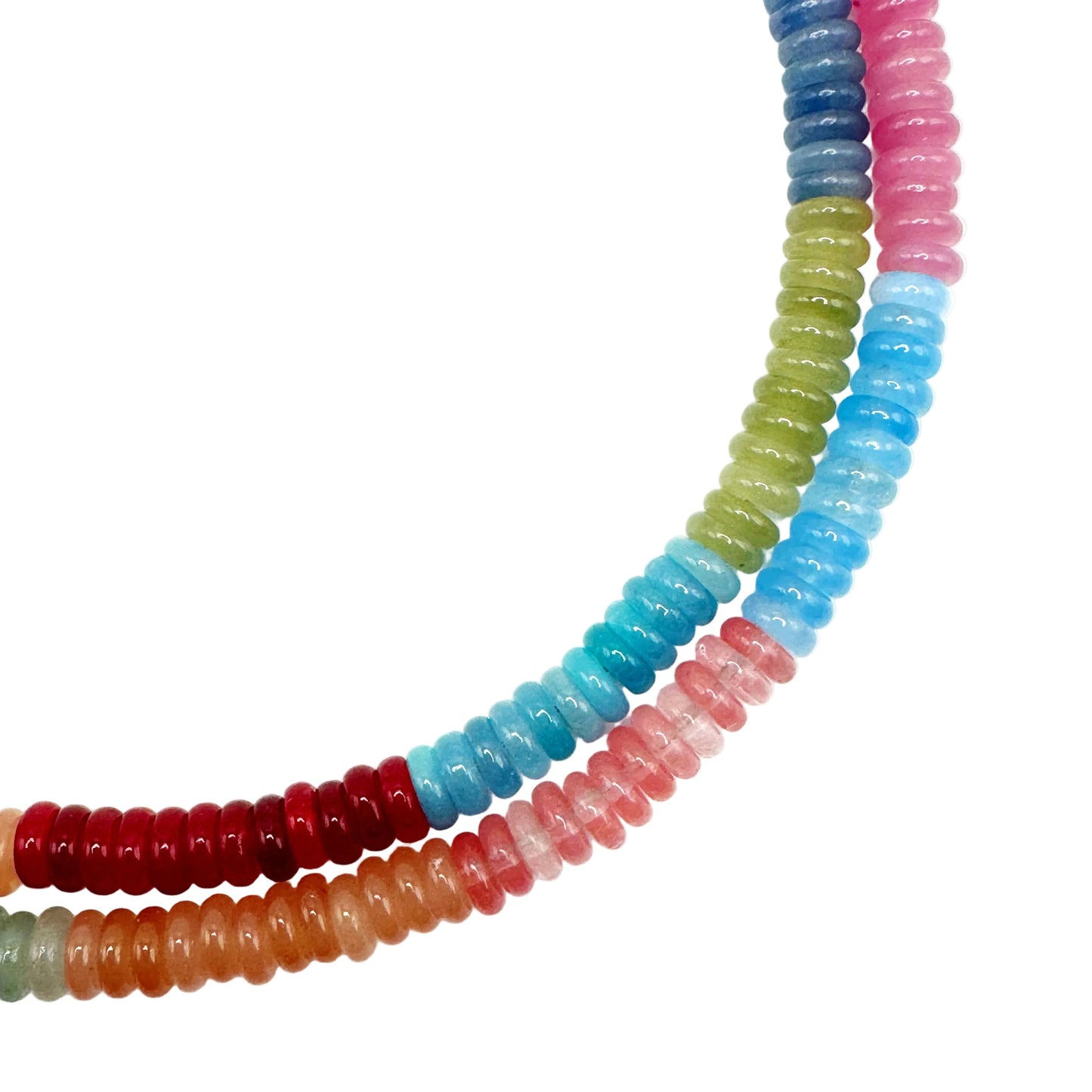 Colorful beaded necklace on a white background