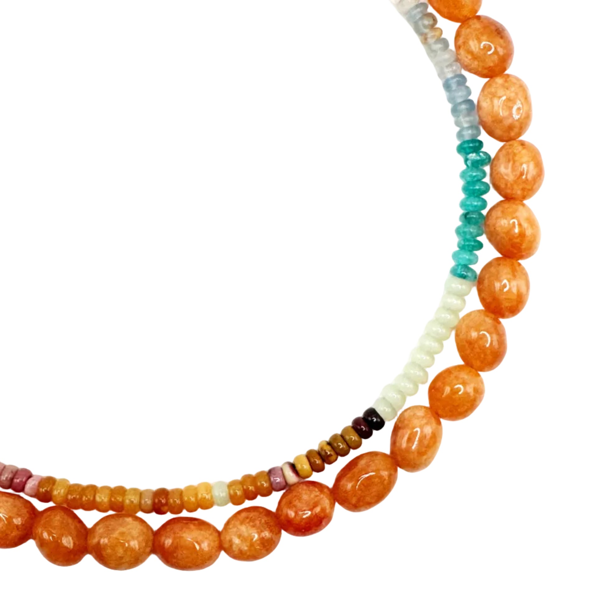 Two beaded necklaces with orange, green, and multicolored beads on a white background