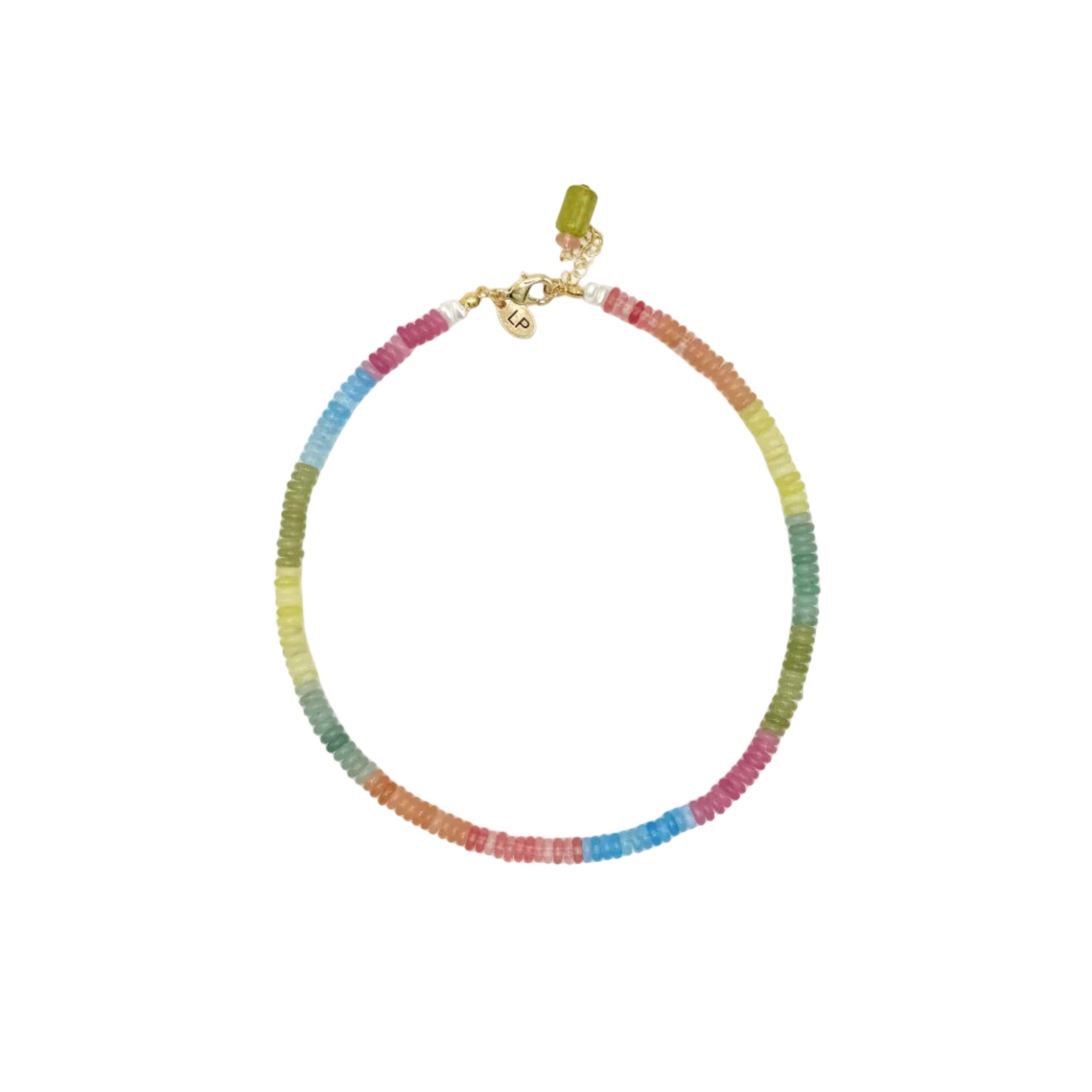 Multicolored beaded necklace with a gold clasp on a white background