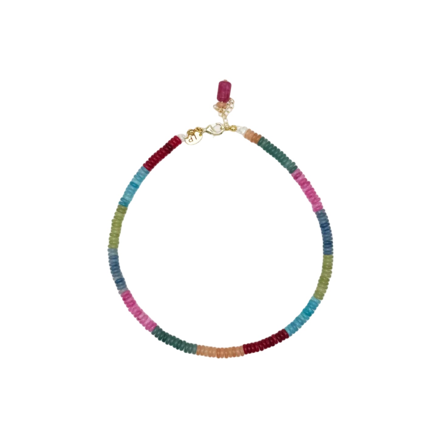Multicolored beaded necklace on a white background