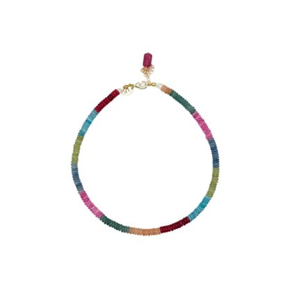 Multicolored beaded necklace on a white background
