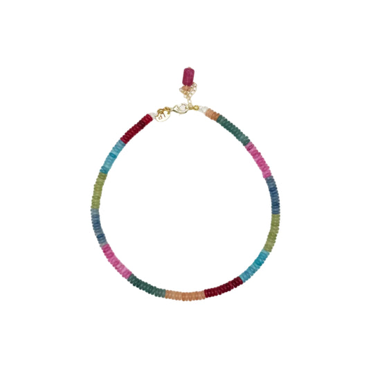 Multicolored beaded necklace on a white background