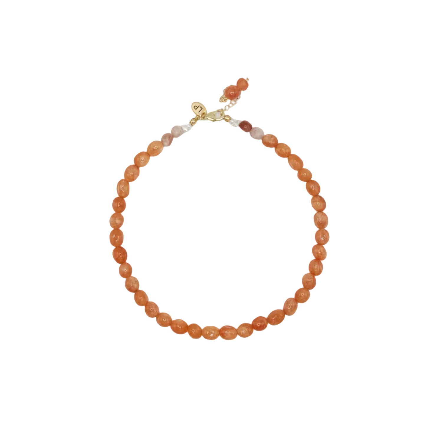 Orange beaded necklace with a gold clasp on a light gray background