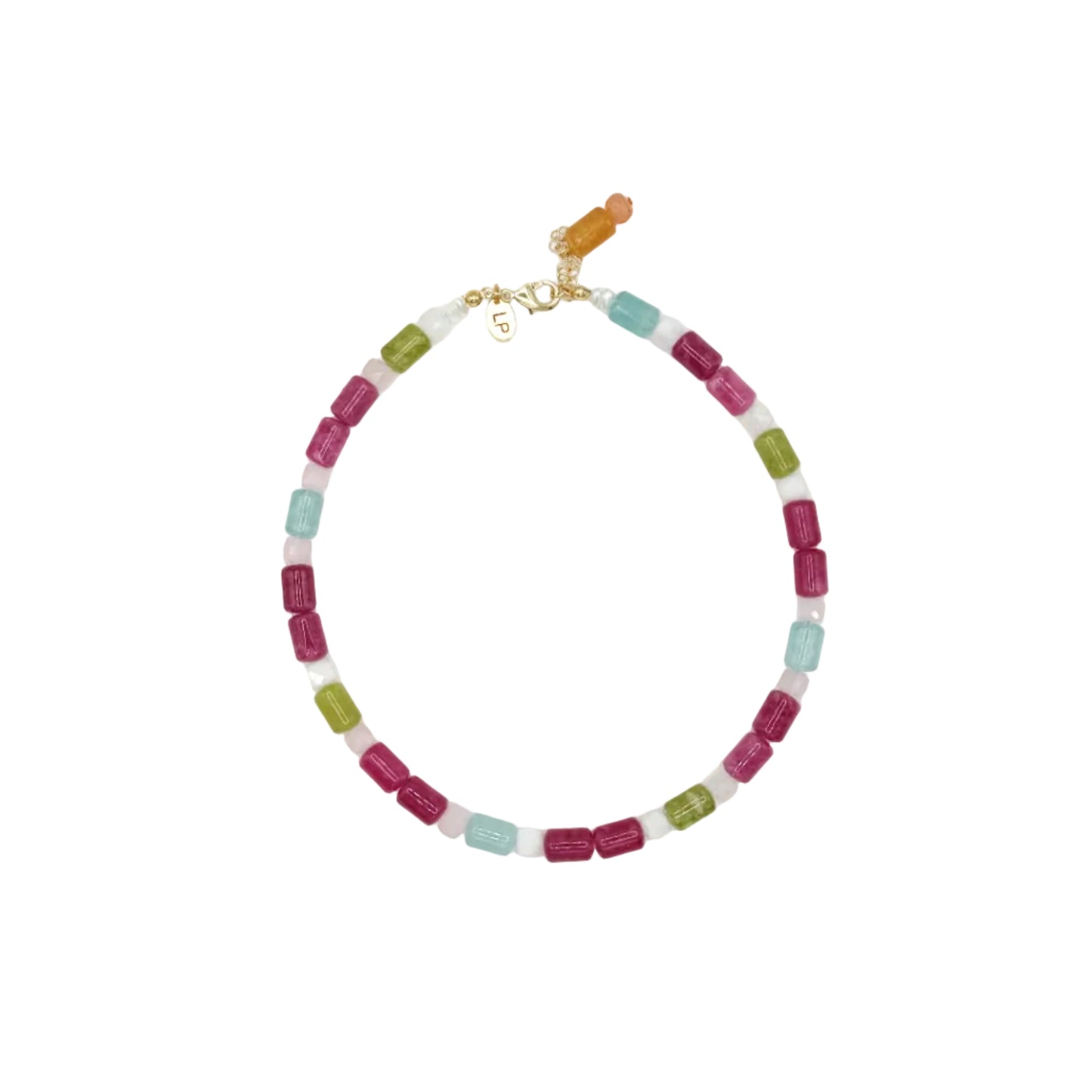 Multicolored beaded necklace on a white background