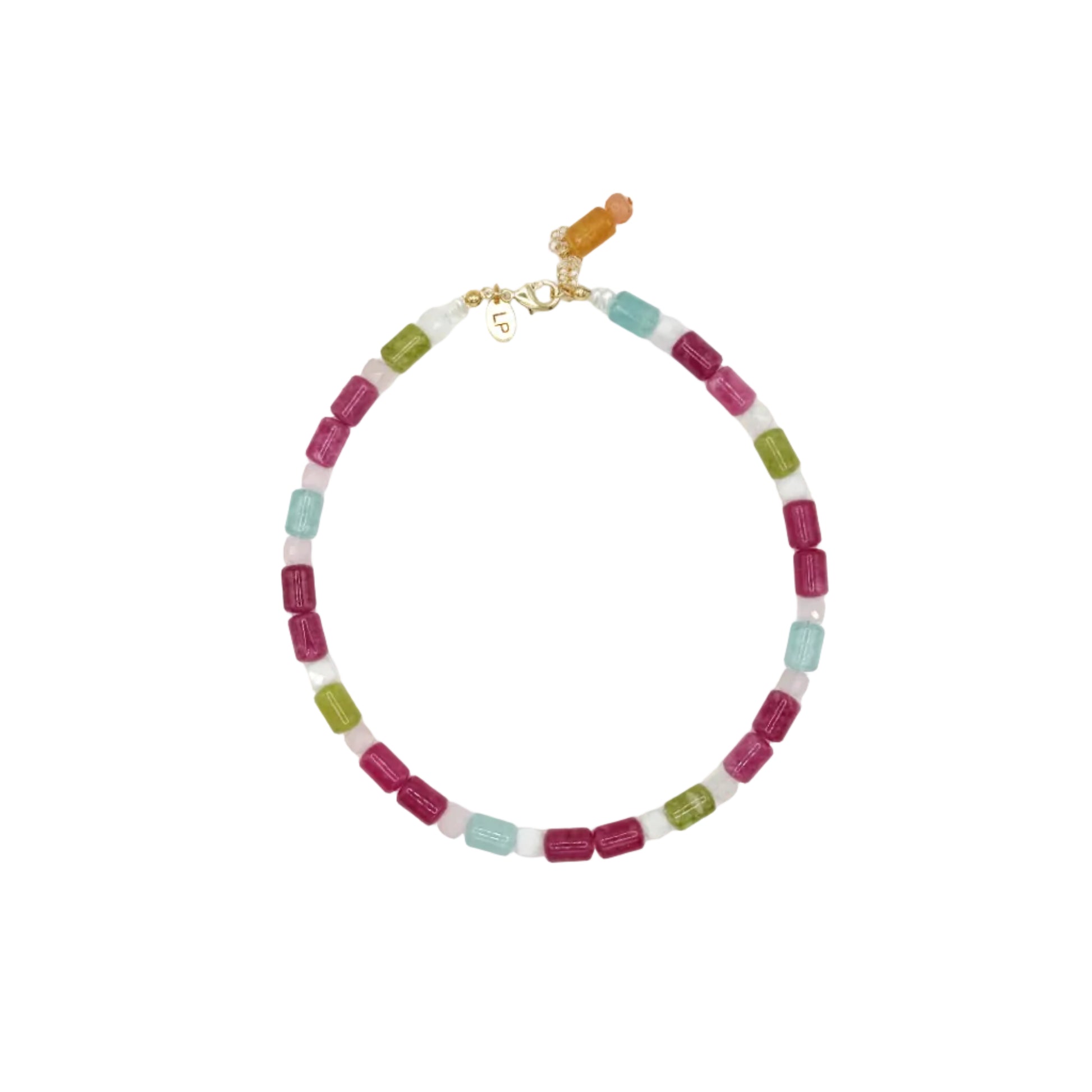 Multicolored beaded necklace on a white background