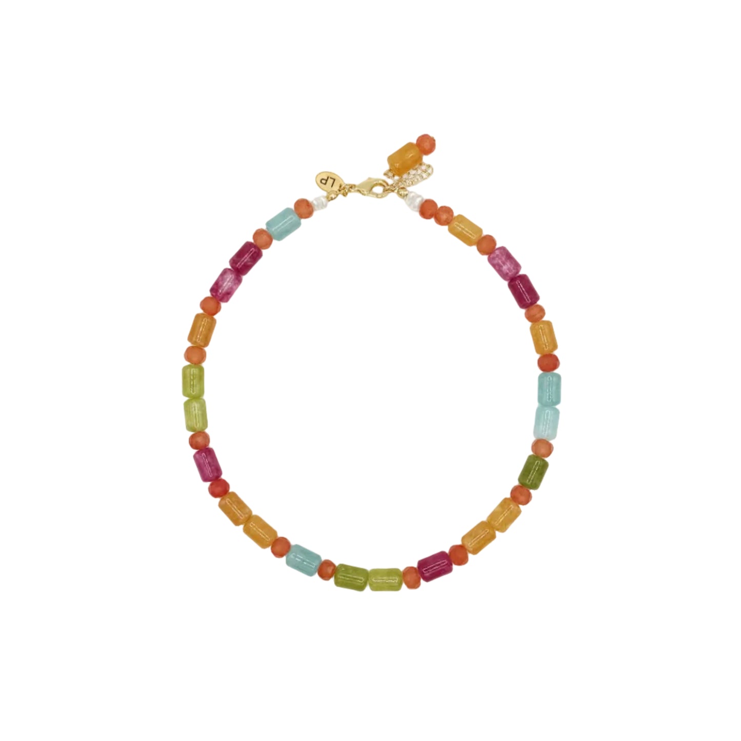 Multicolored beaded necklace on a white background