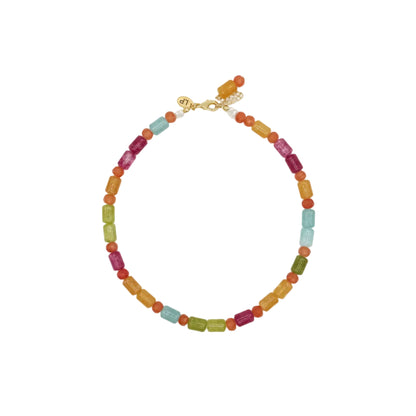 Multicolored beaded necklace on a white background