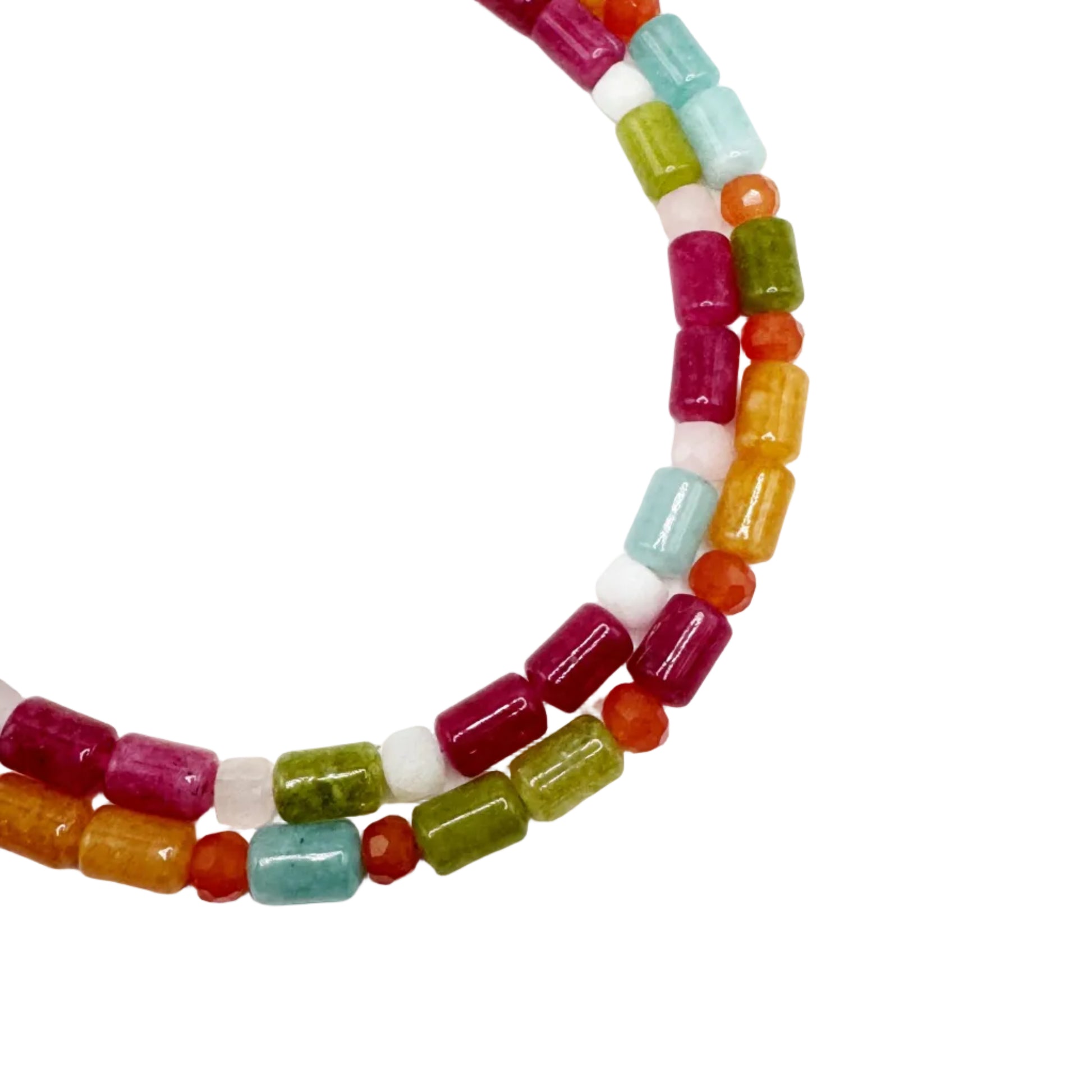 Colorful beaded necklace on a white background