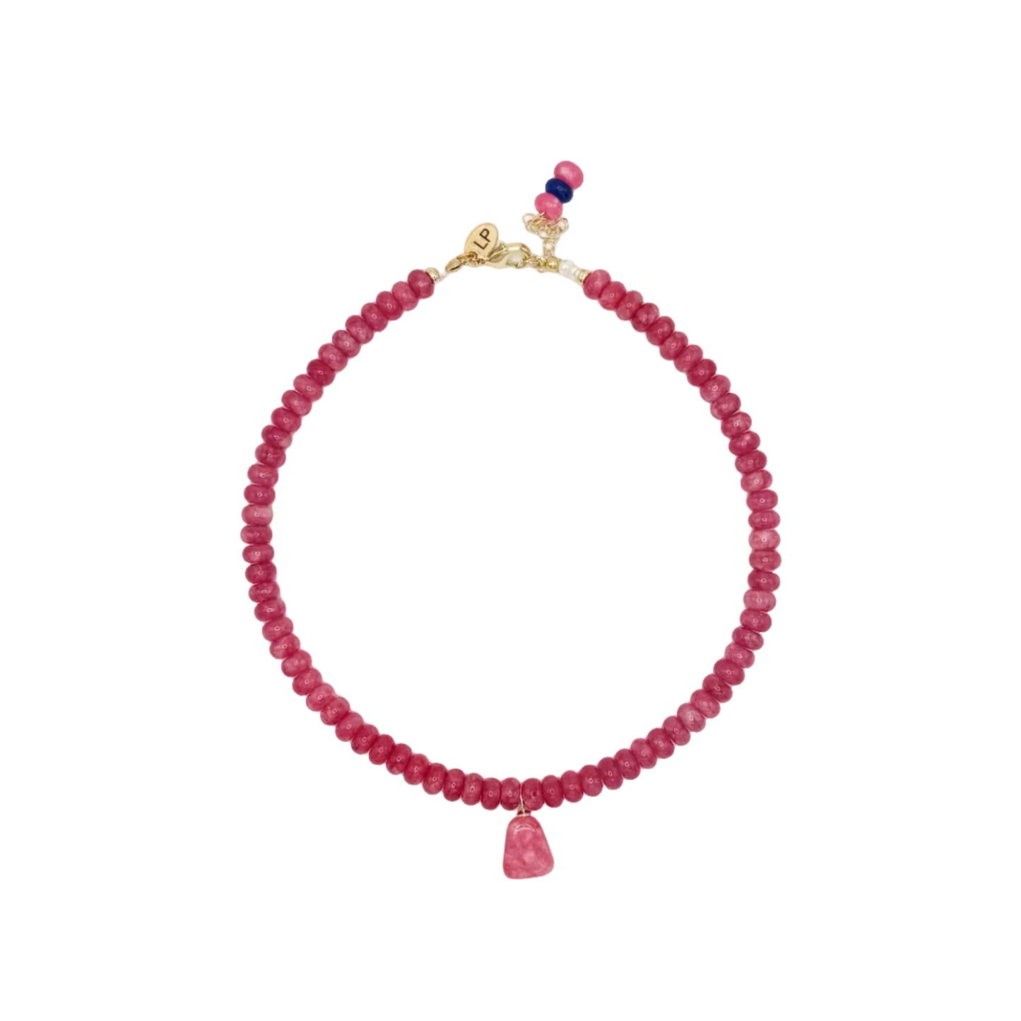 Pink beaded necklace with a gold clasp on a white background