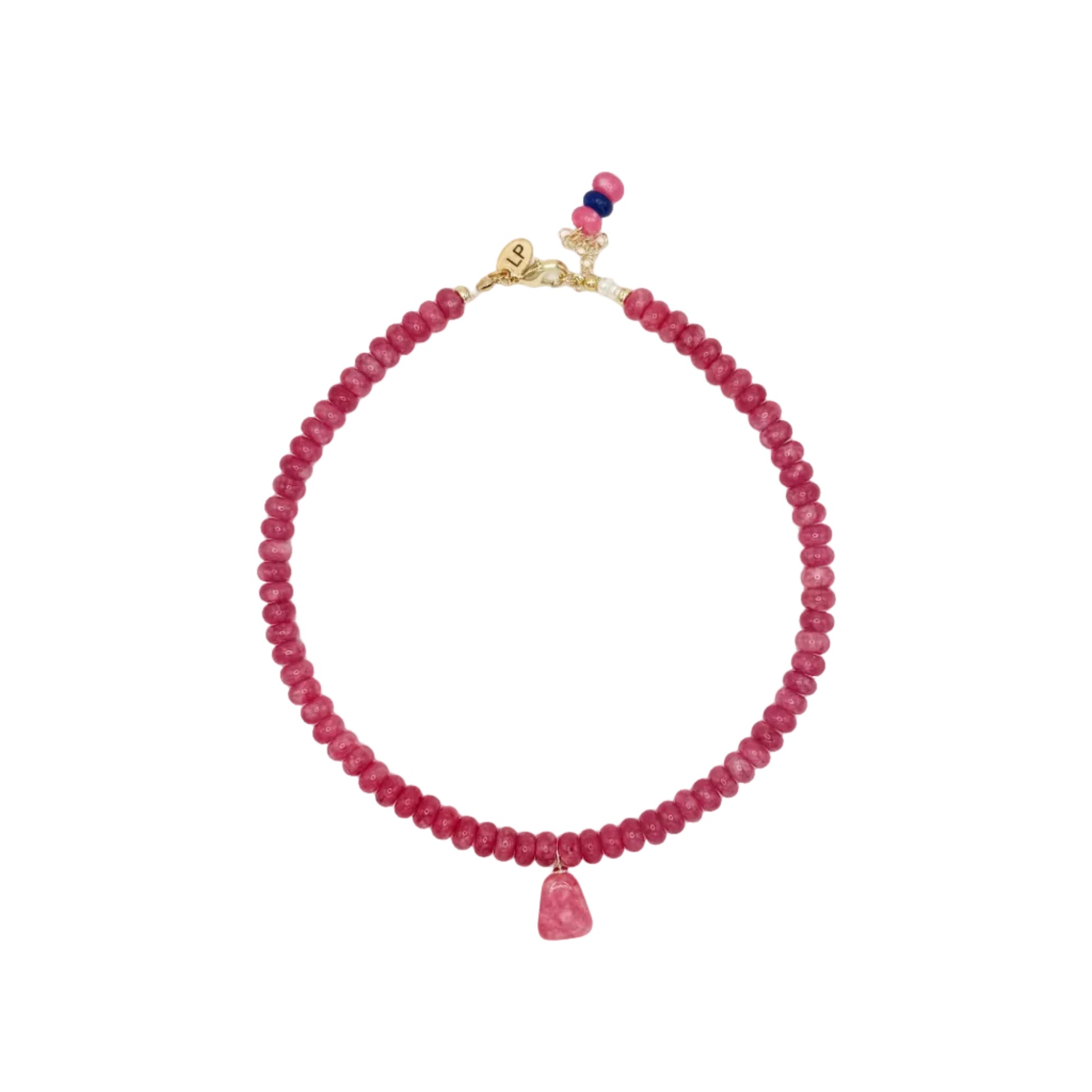 Pink beaded necklace with a gold clasp on a white background