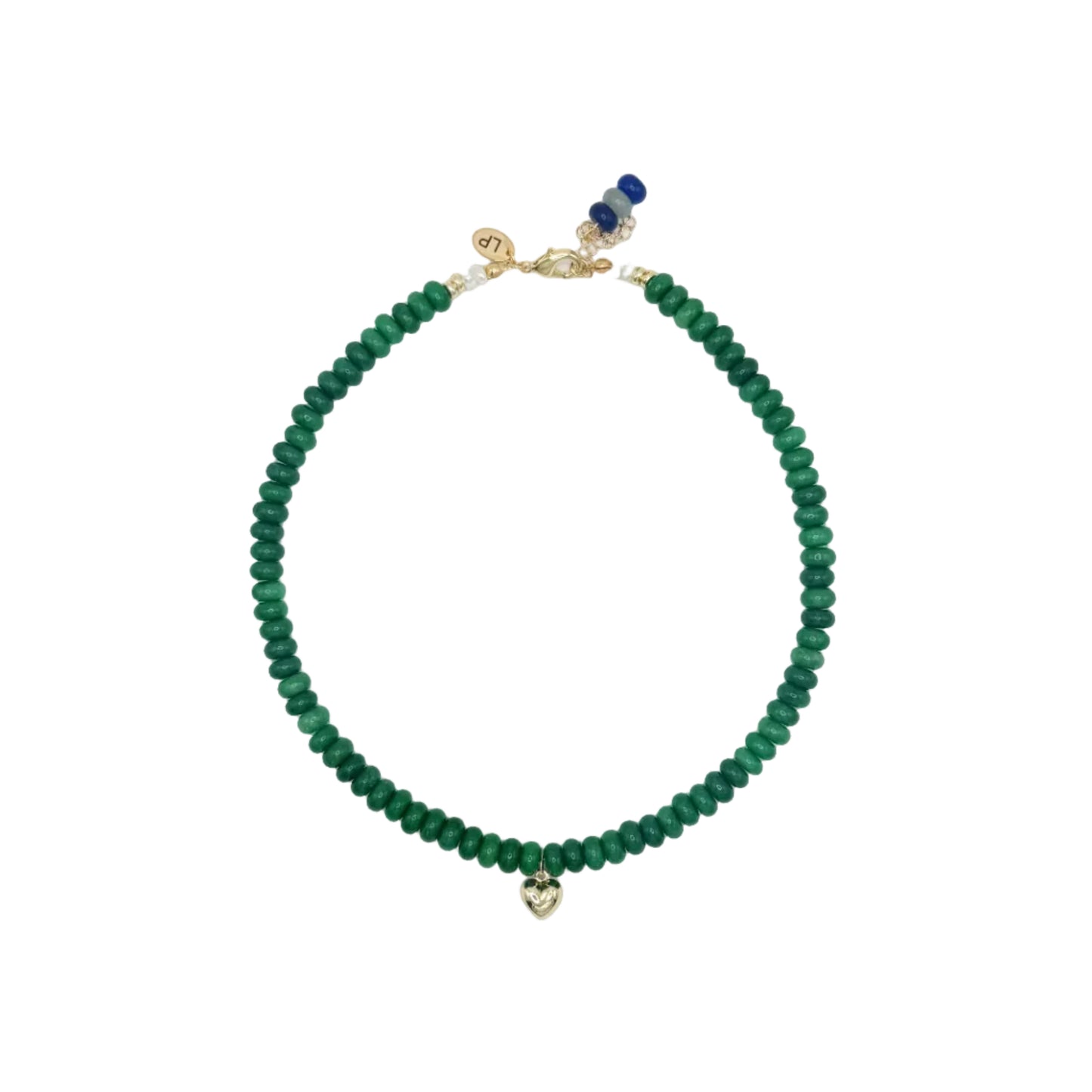 Green beaded necklace with a gold clasp on a white background