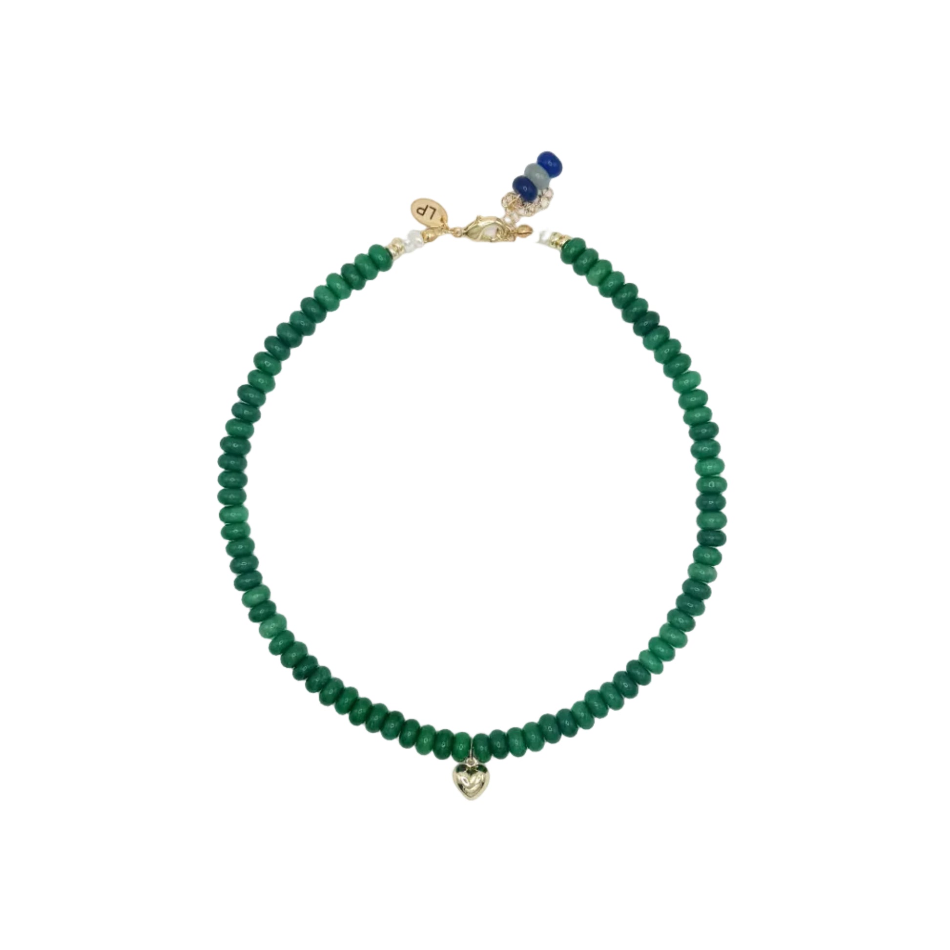 Green beaded necklace with a gold clasp on a white background
