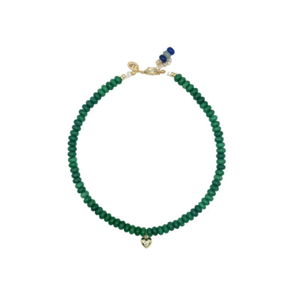 Green beaded necklace with a gold clasp on a white background