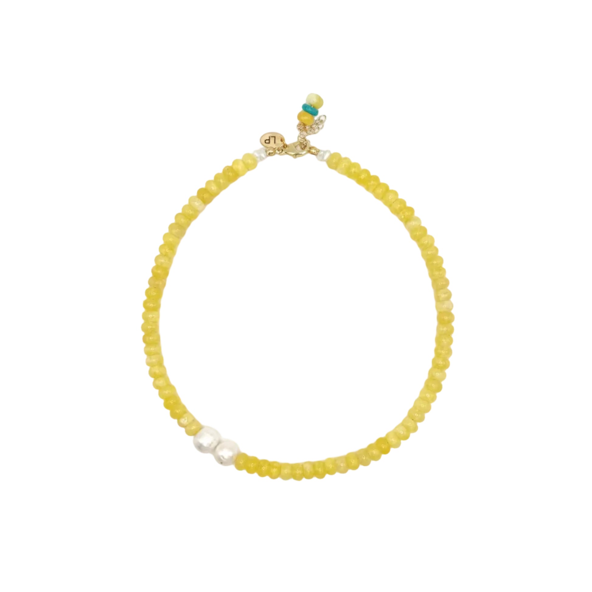 Yellow beaded necklace with a gold clasp on a white background