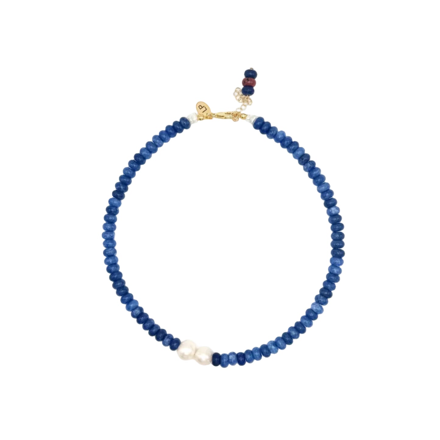Blue beaded necklace with a gold clasp on a white background