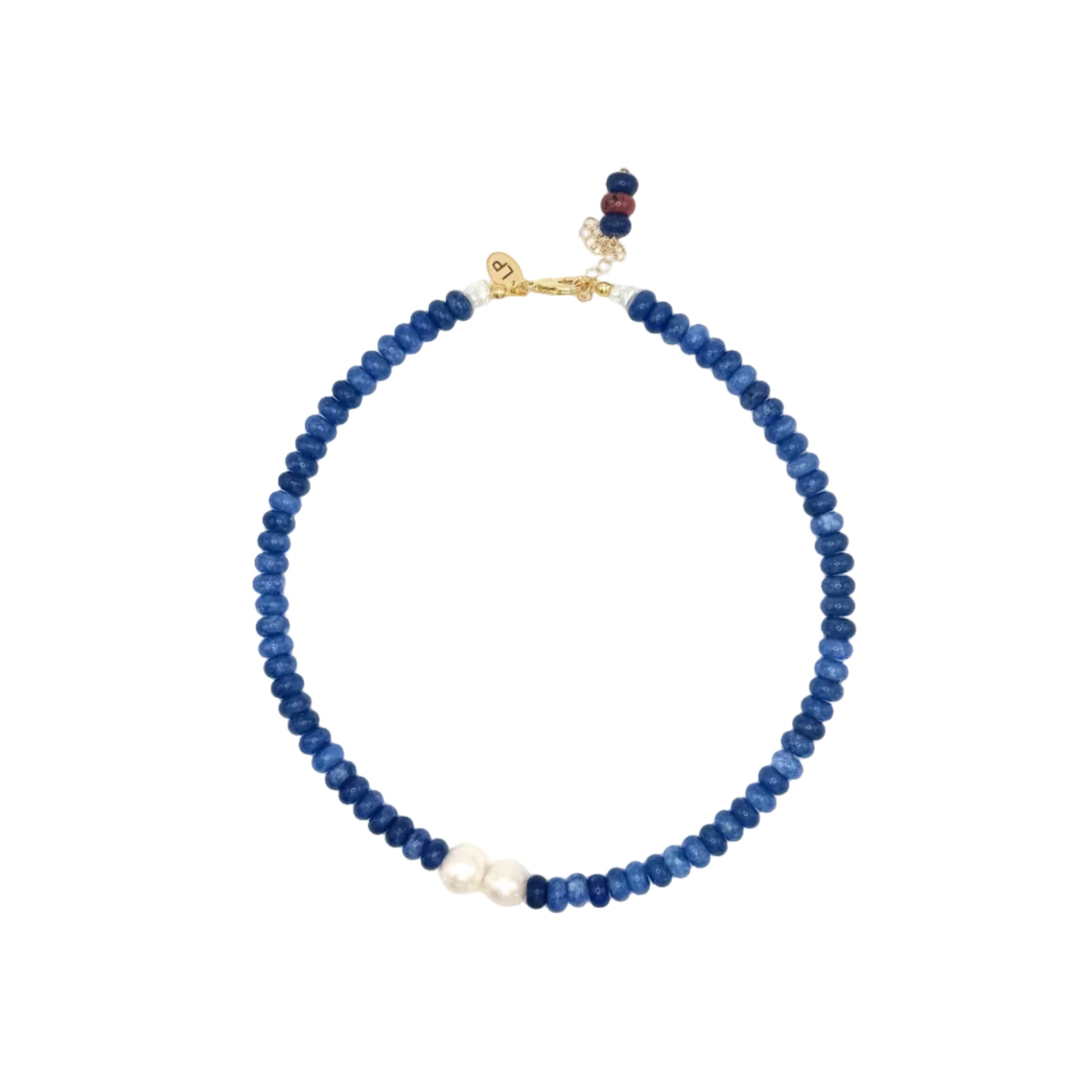 Blue beaded necklace with a gold clasp on a white background
