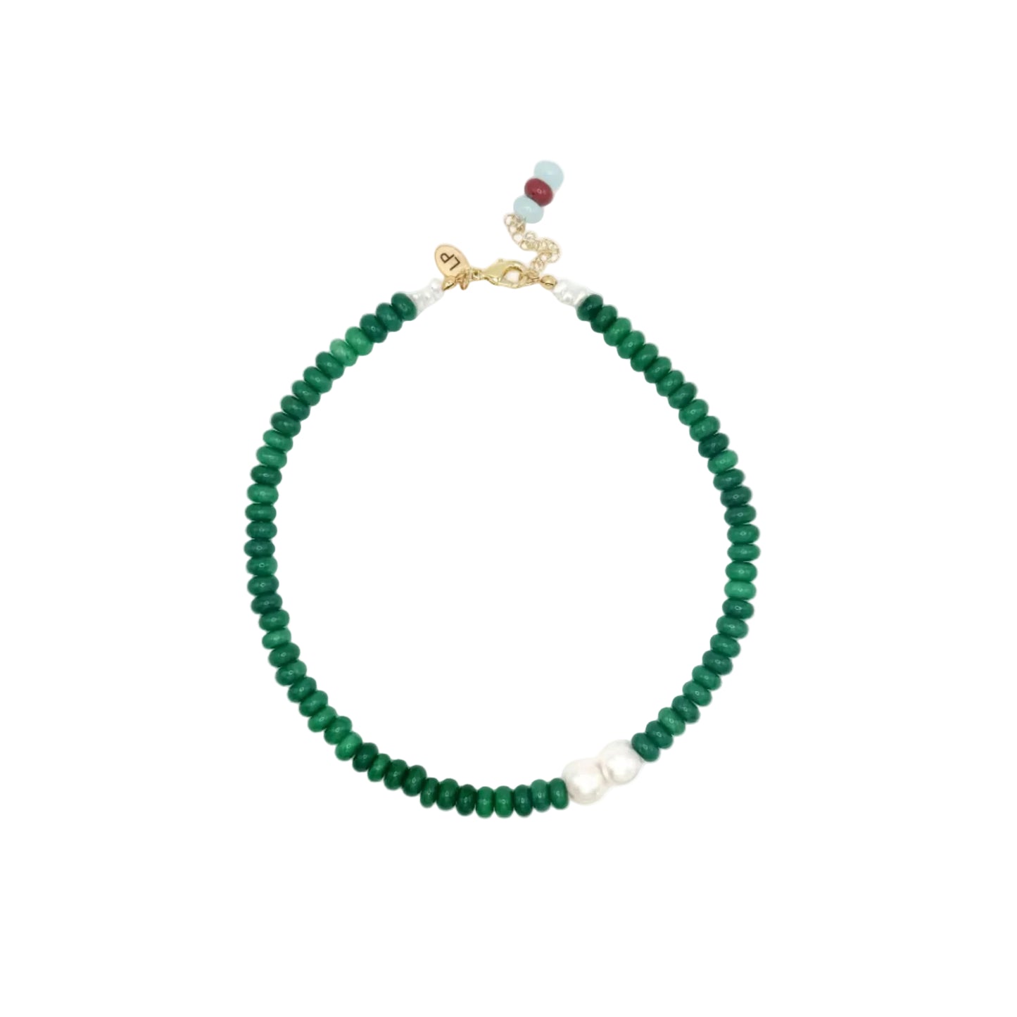 Green beaded necklace with freshwater pearls on a white background