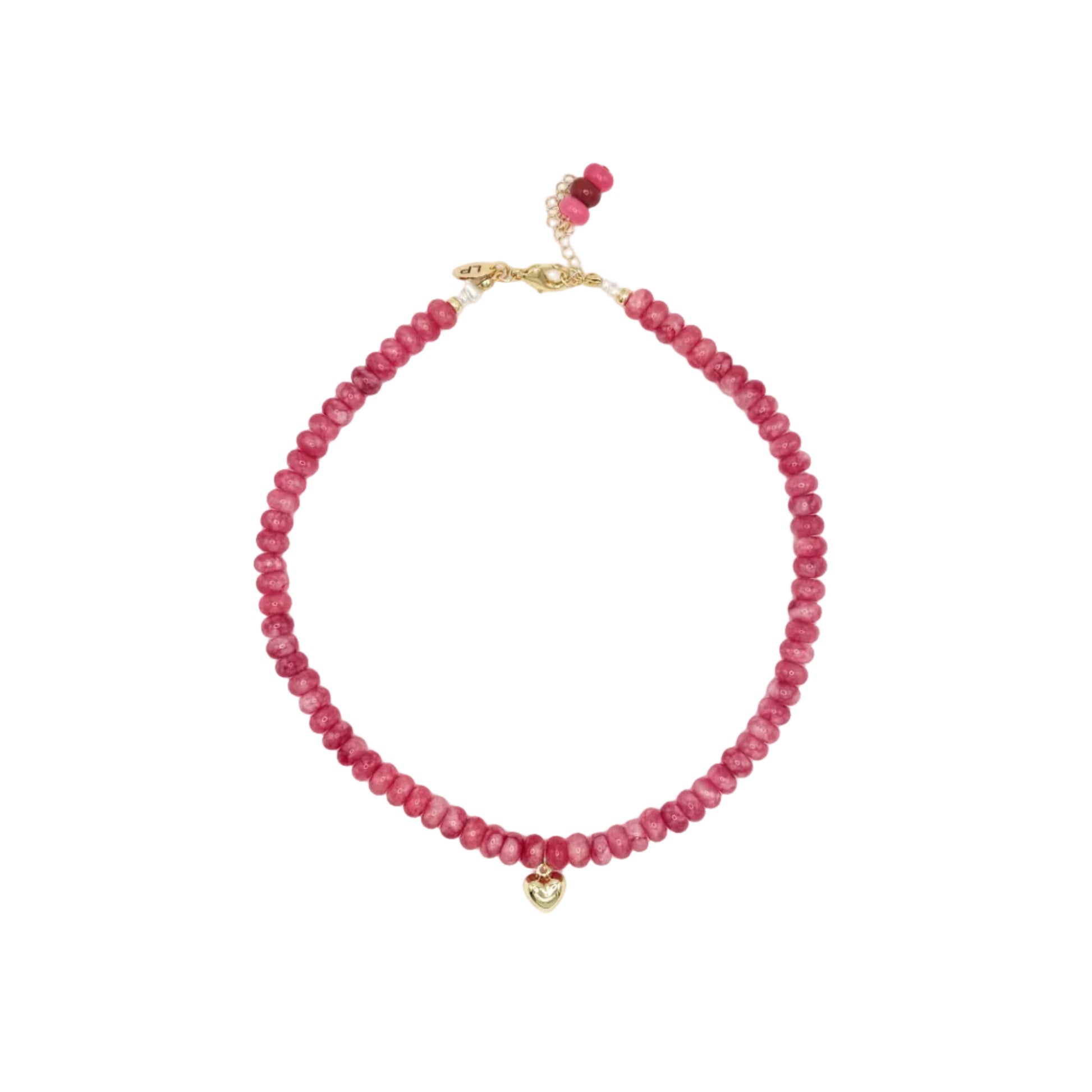 Pink beaded necklace with a gold clasp on a white background