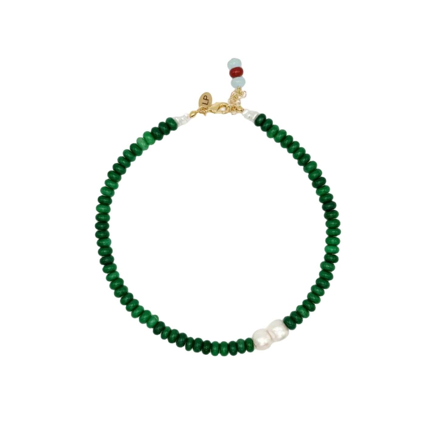 Green beaded necklace with a gold clasp on a white background