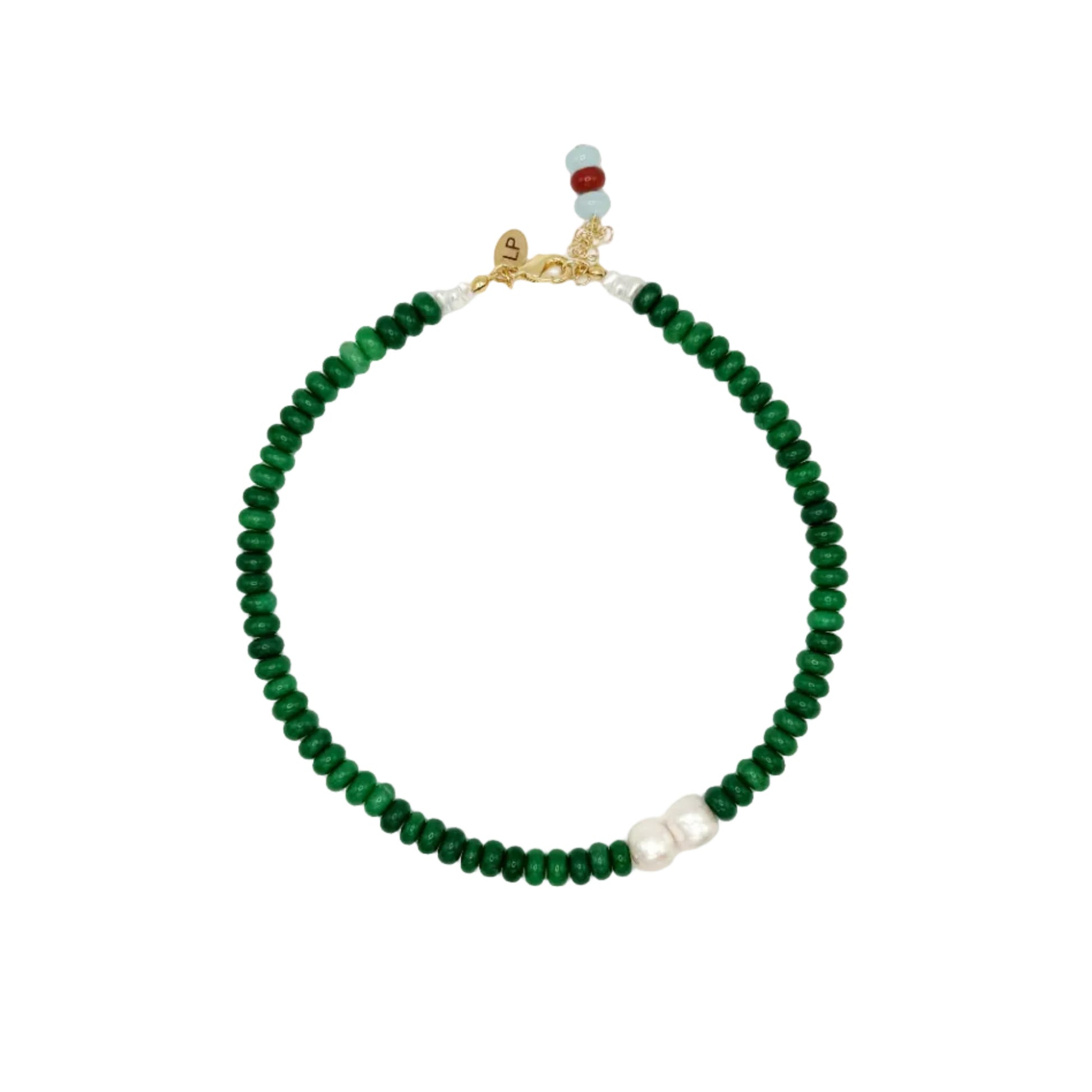 Green beaded necklace with a gold clasp on a white background