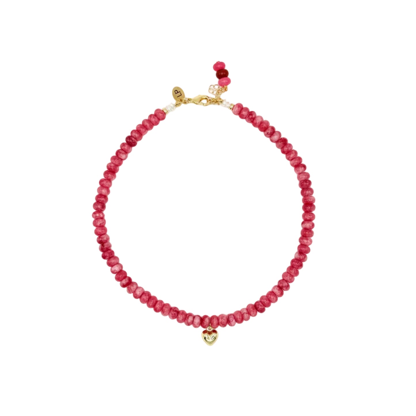 Pink beaded necklace with gold clasp on a white background