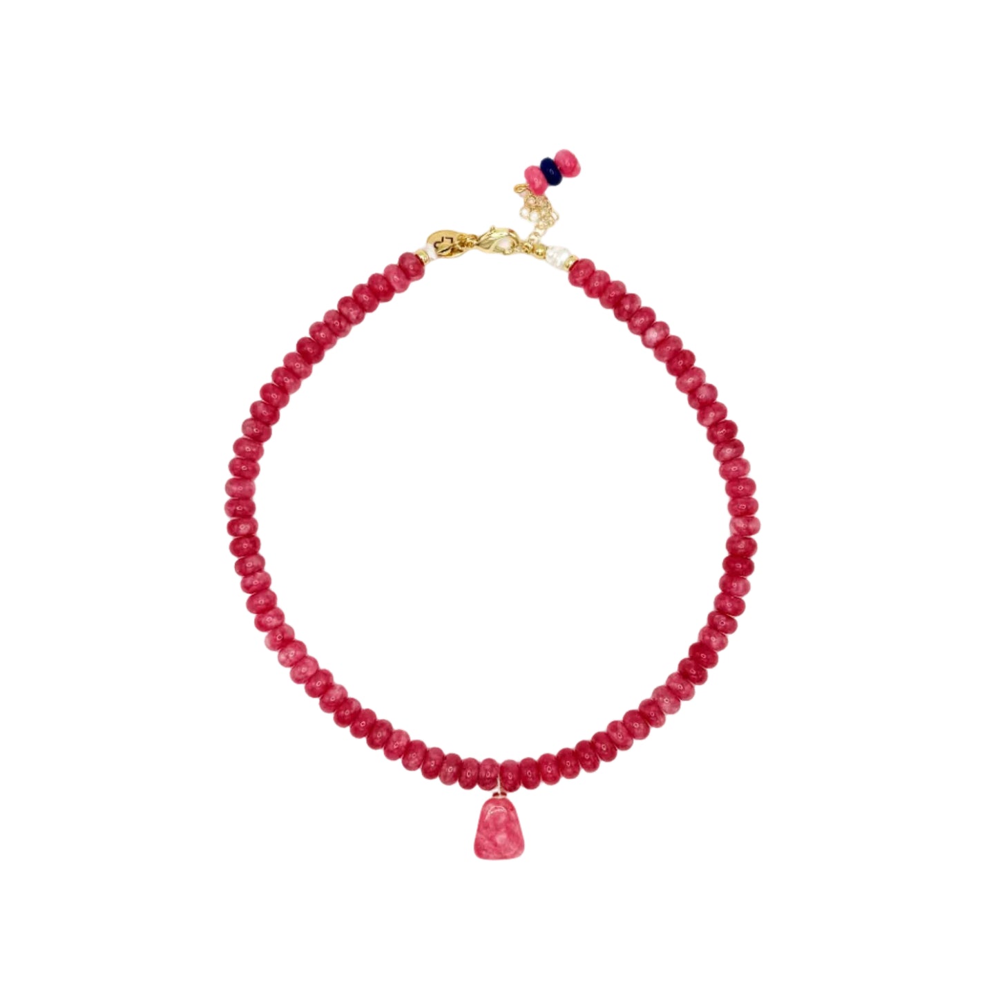 Red beaded necklace with a small pendant on a white background