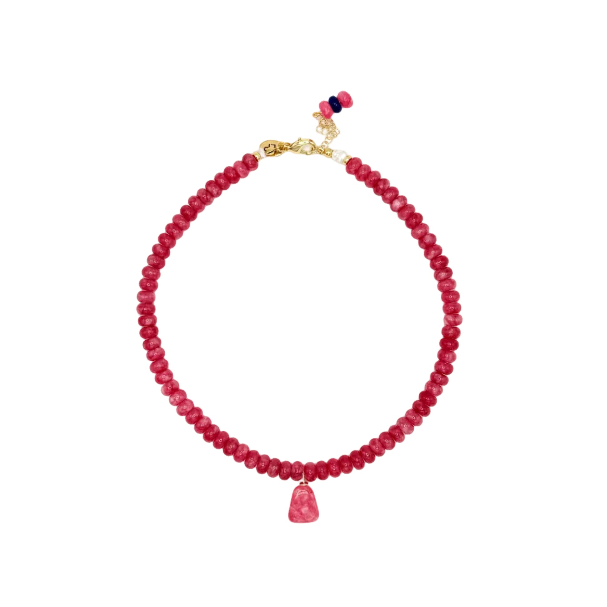 Red beaded necklace with a small pendant on a white background