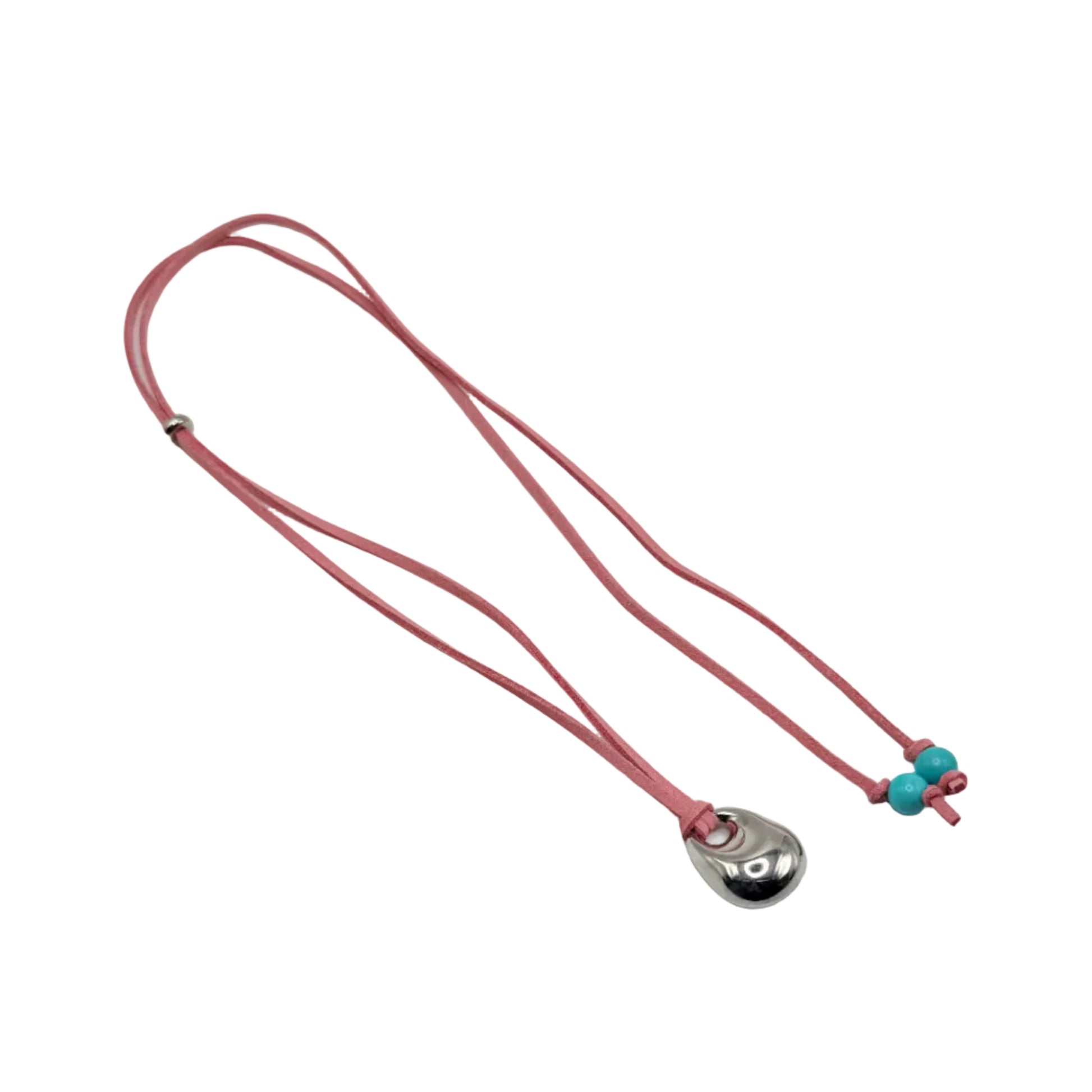 Necklace with a pink cord and silver pendant on a white background