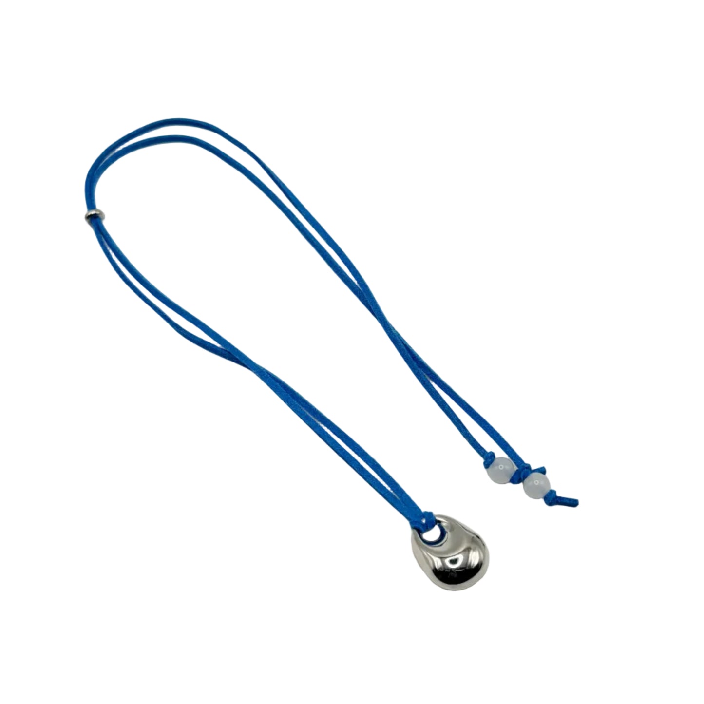 Blue lanyard with a silver pendant on a white background