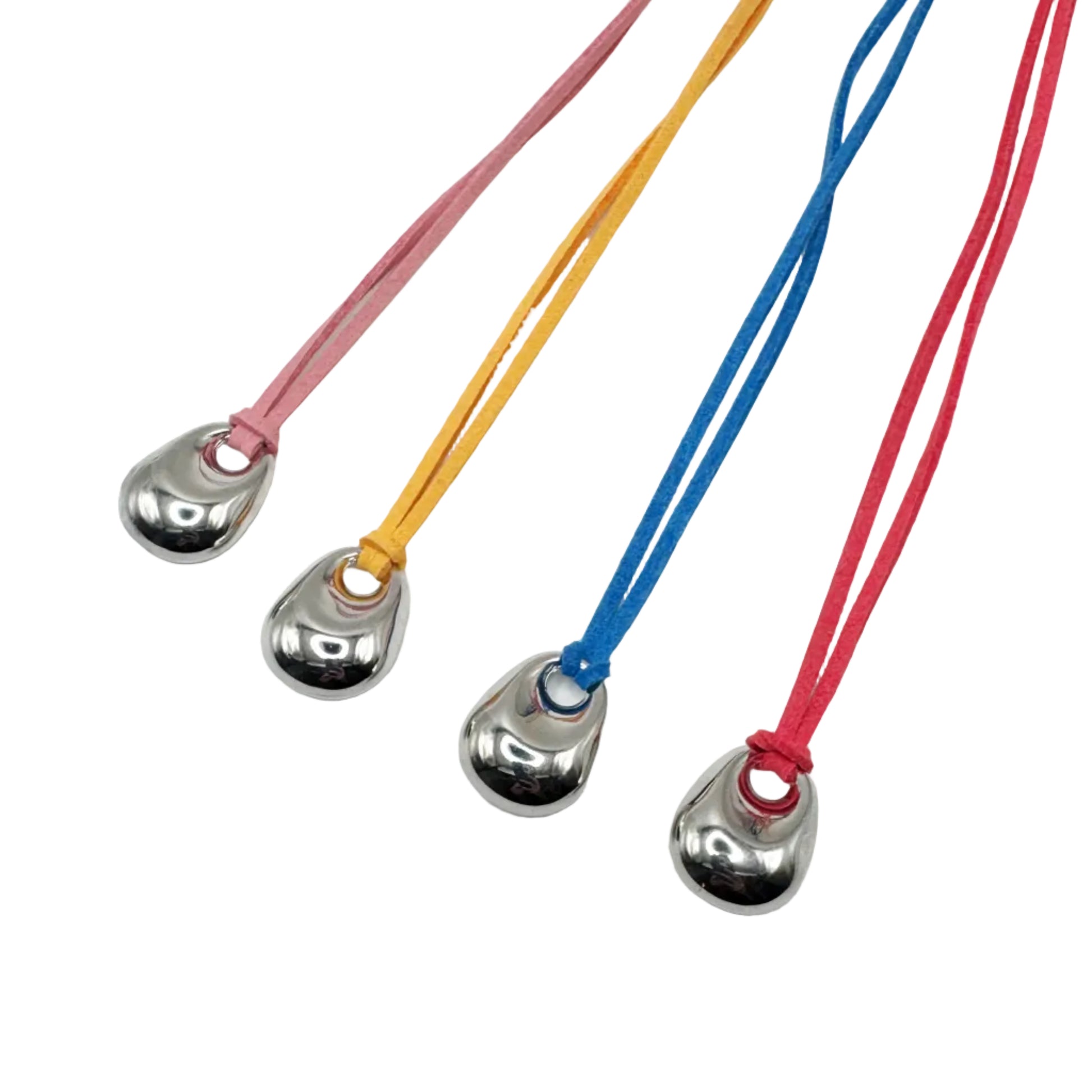 Four necklaces with colorful cords and silver pendants on a white background