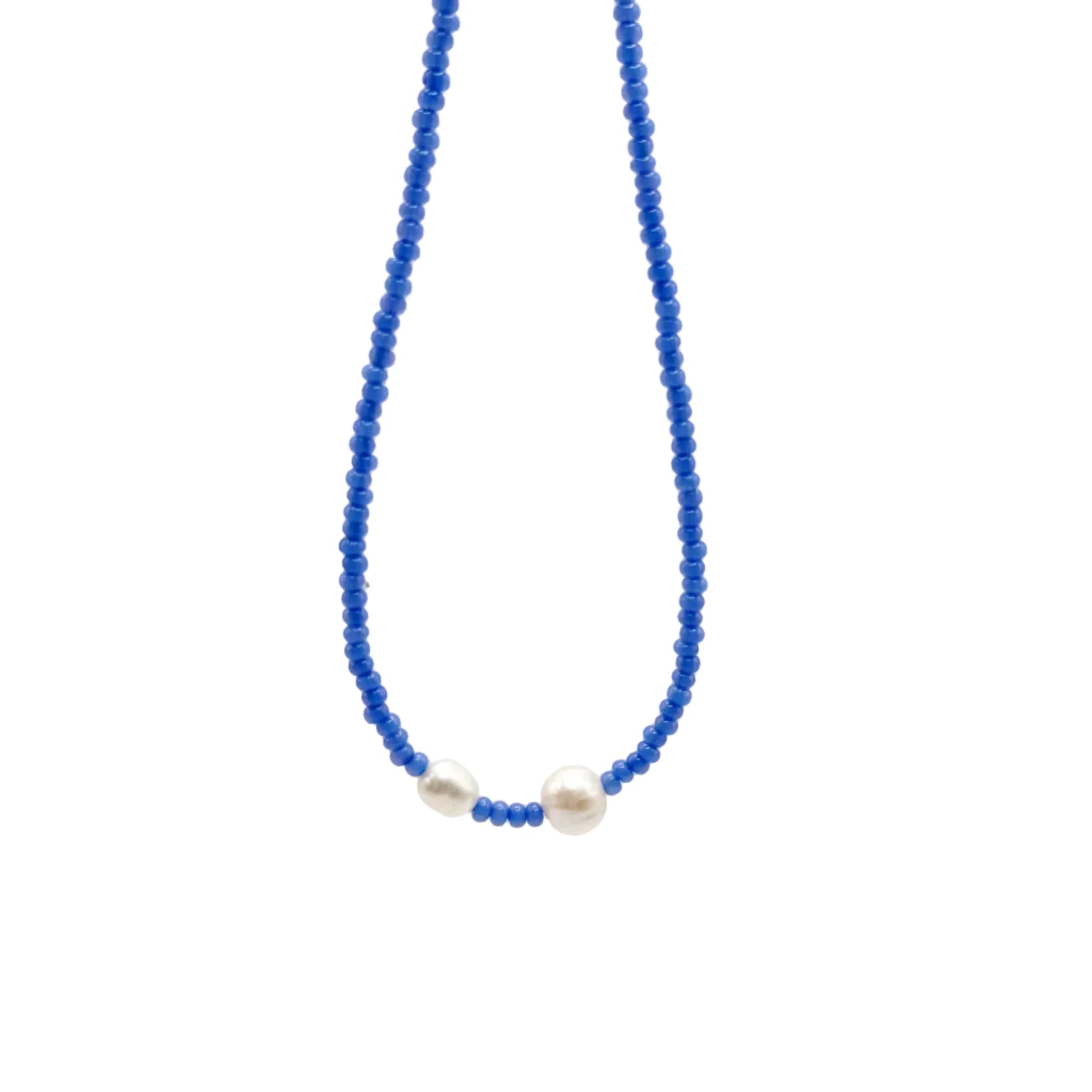 Necklace with blue beads and a pearl on a white background