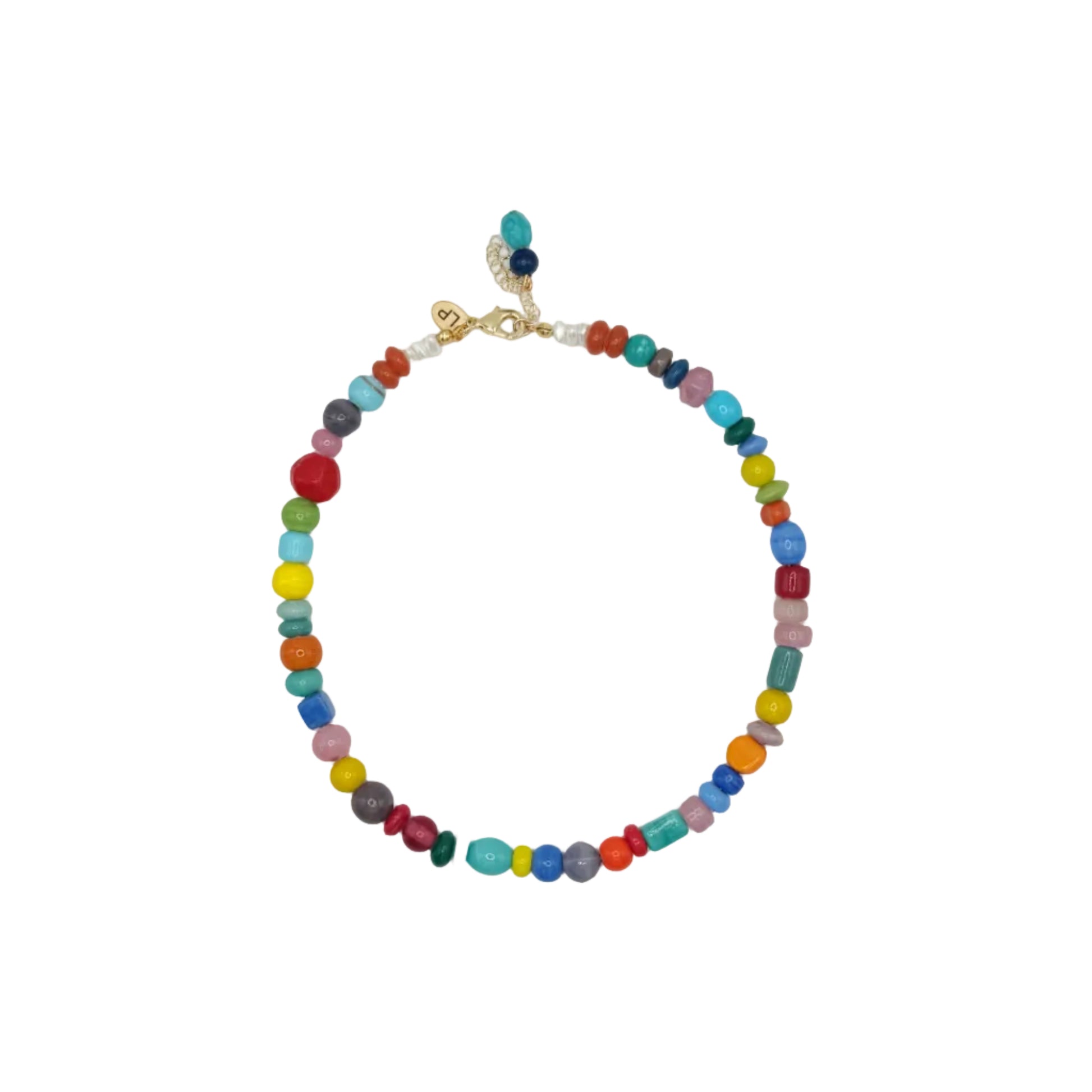 Multicolored beaded necklace on a white background