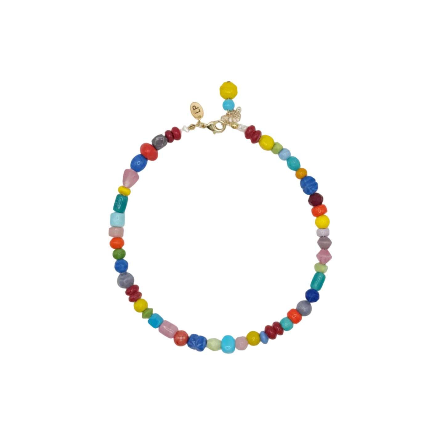 Colorful beaded necklace on a white background
