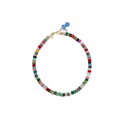 Multicolored beaded necklace on a white background